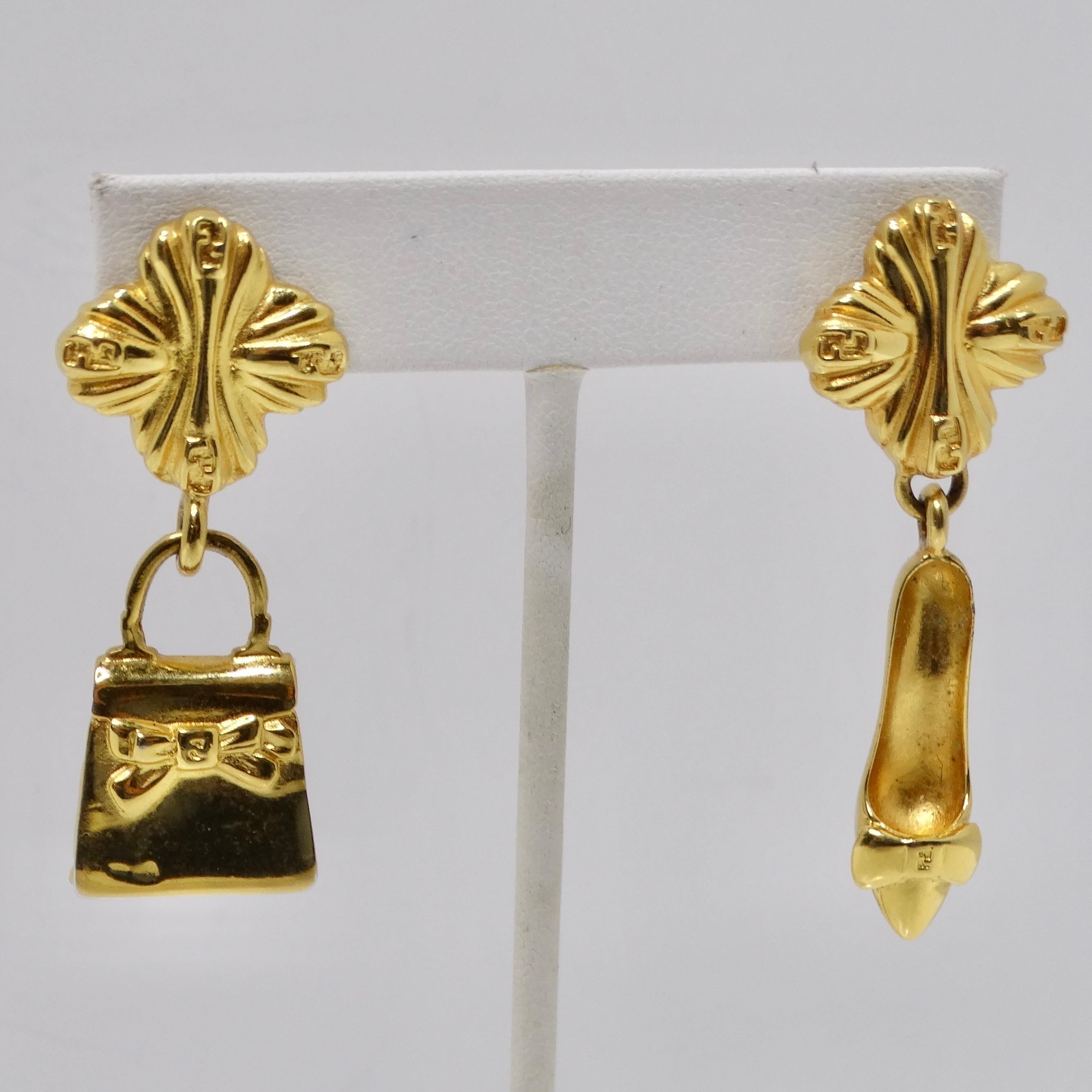Fendi 1980er Goldfarbene Geldbörse-Ohrringe mit hohem Absatz im Angebot 4