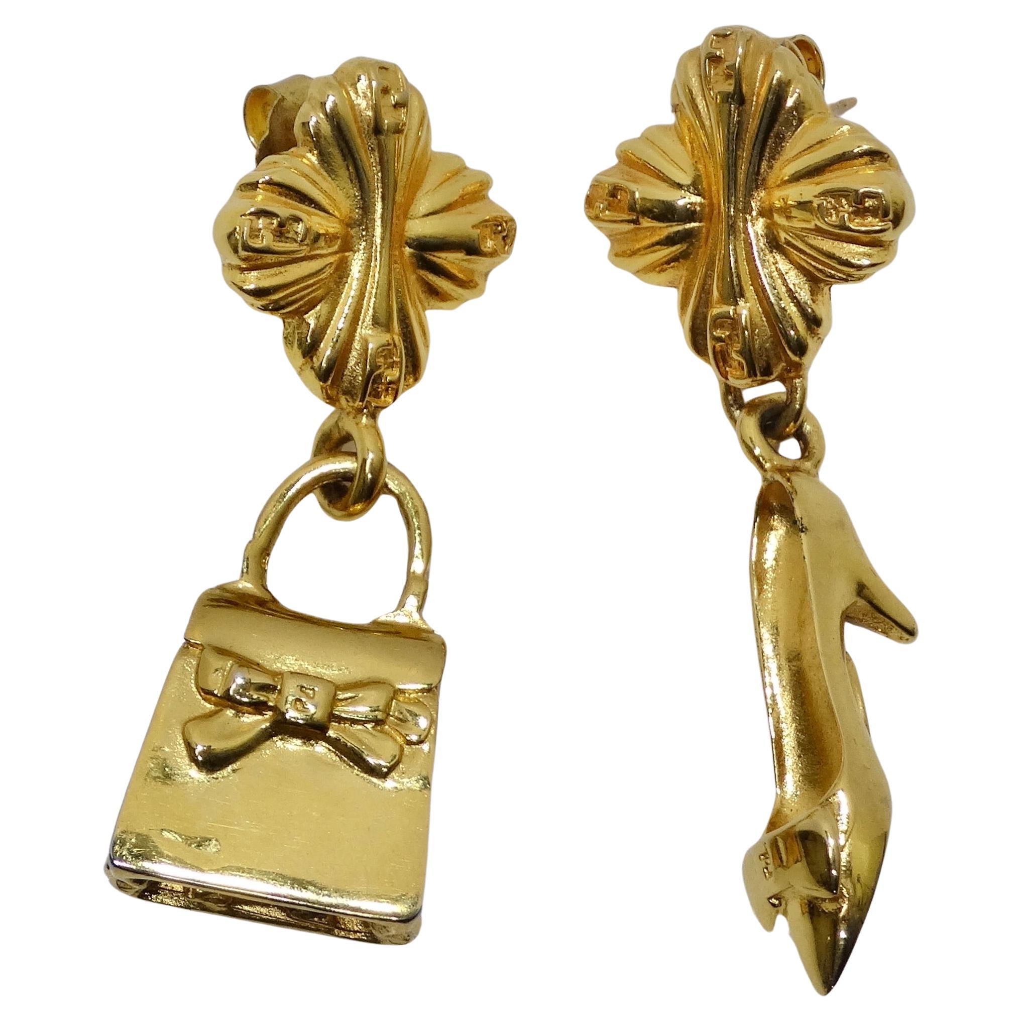 Fendi 1980er Goldfarbene Geldbörse-Ohrringe mit hohem Absatz im Angebot