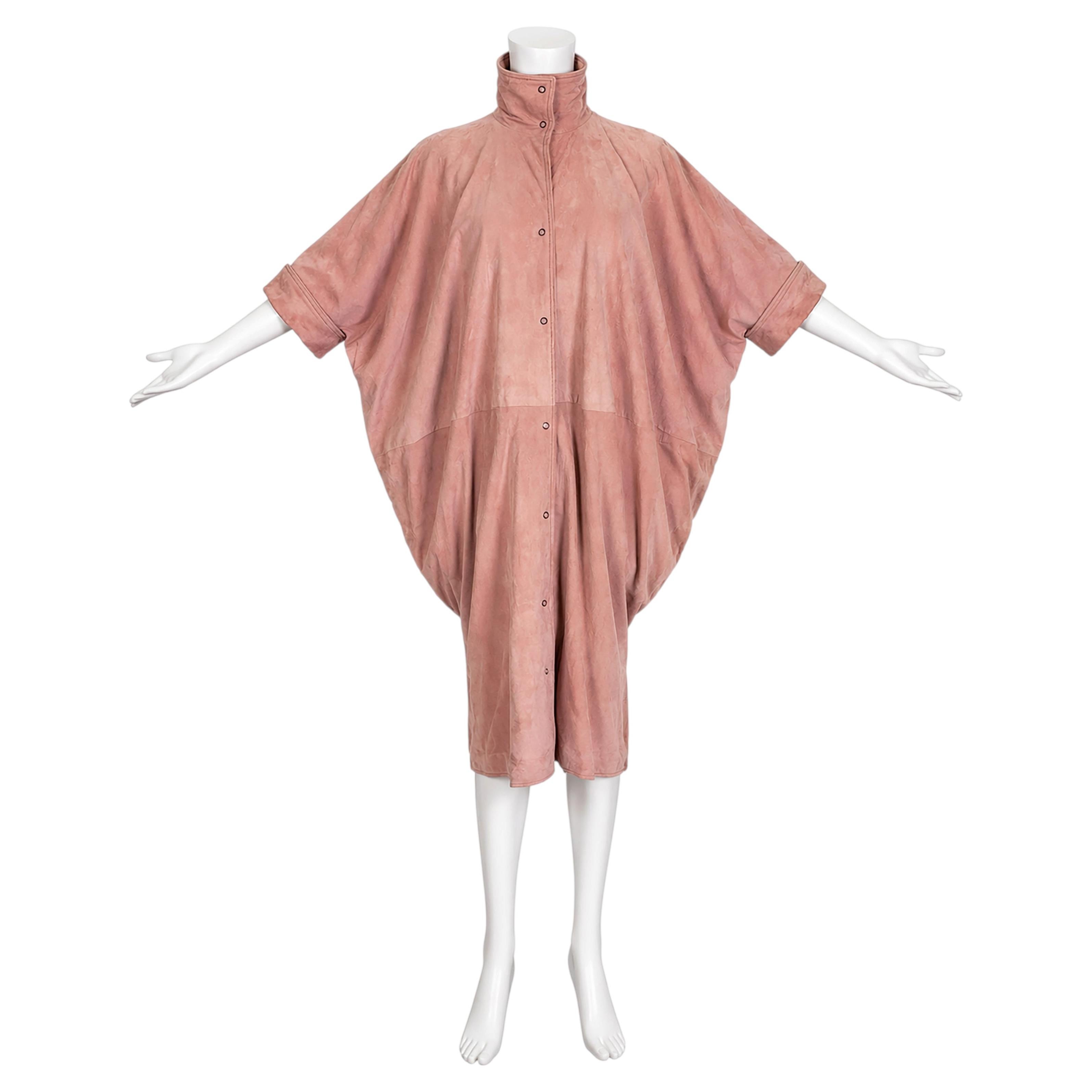 Fendi 1980s Vintage Batwing Duster Jacket Dusty Rose Suede Size S