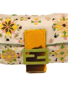 Fendi 1990's Beaded & Embroidered Pony Hair Trim Logo Baguette Bag