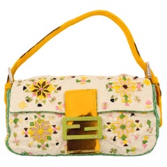 Fendi 1990's Beaded & Embroidered Pony Hair Trim Logo Baguette Bag