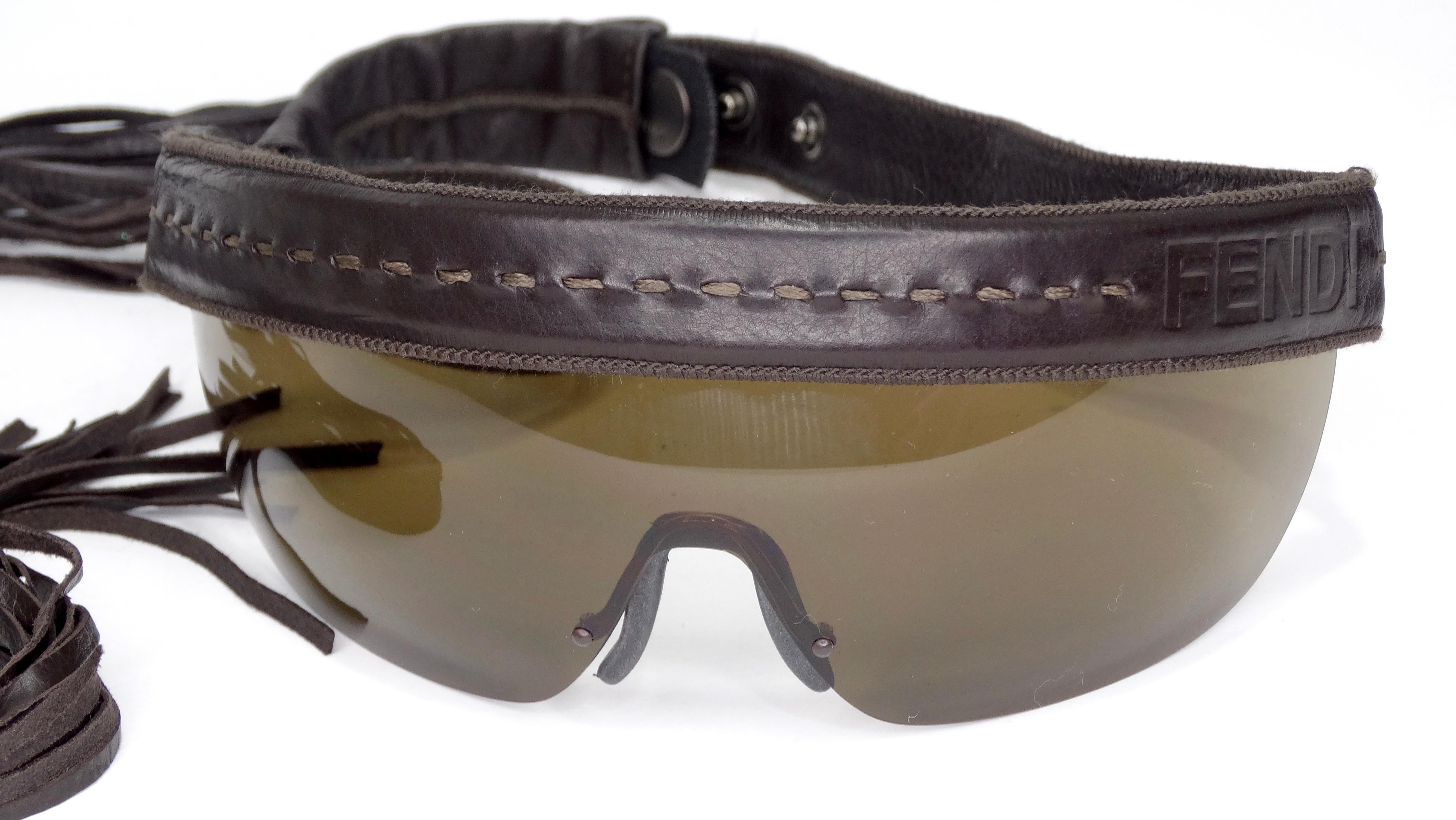 Black Fendi 1990s Leather Fringe Shield Sunglasses For Sale