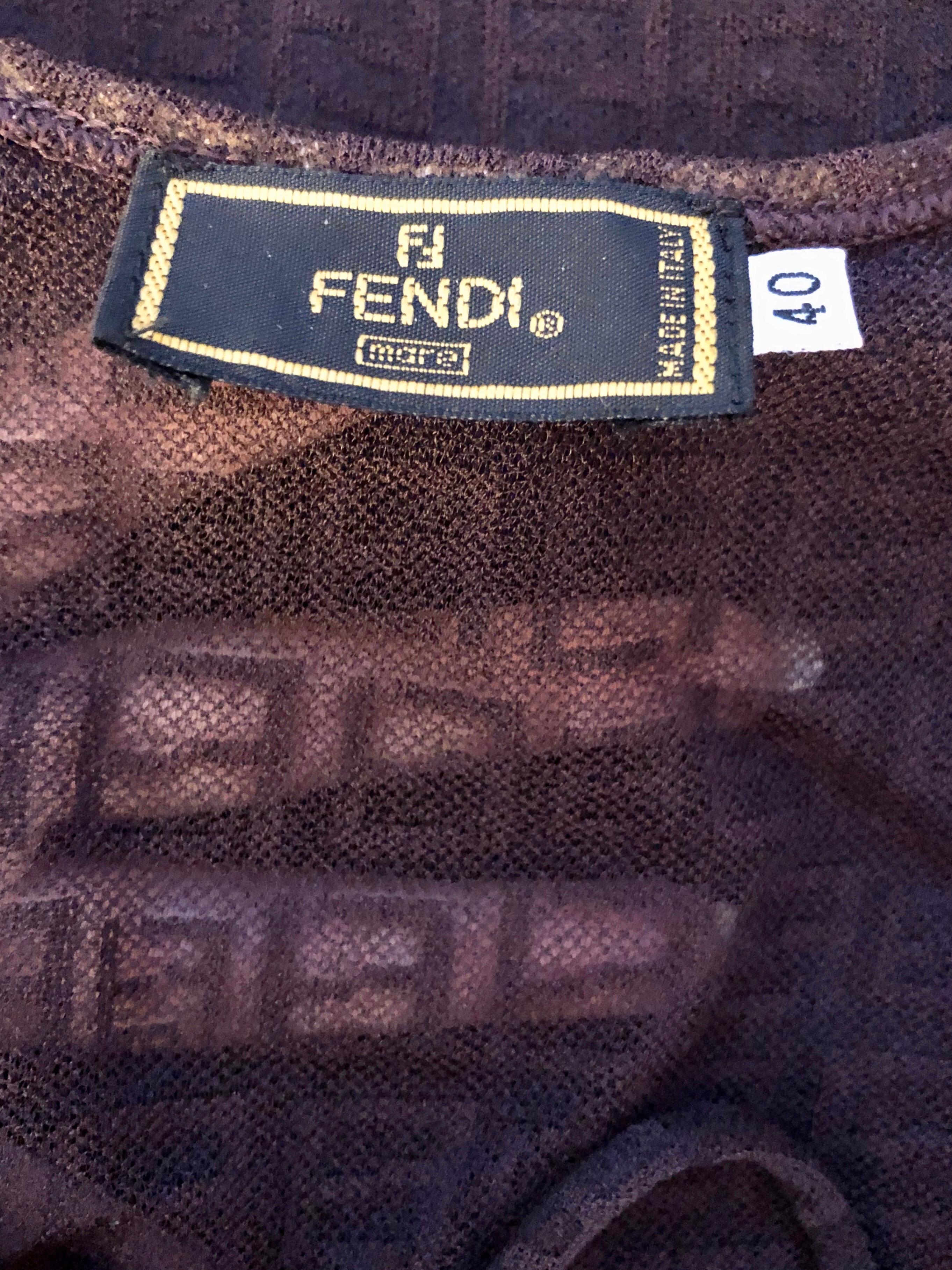 Black Fendi 1990's Vintage Zucca Monogram Sheer Mesh Knit Brown Dress For Sale