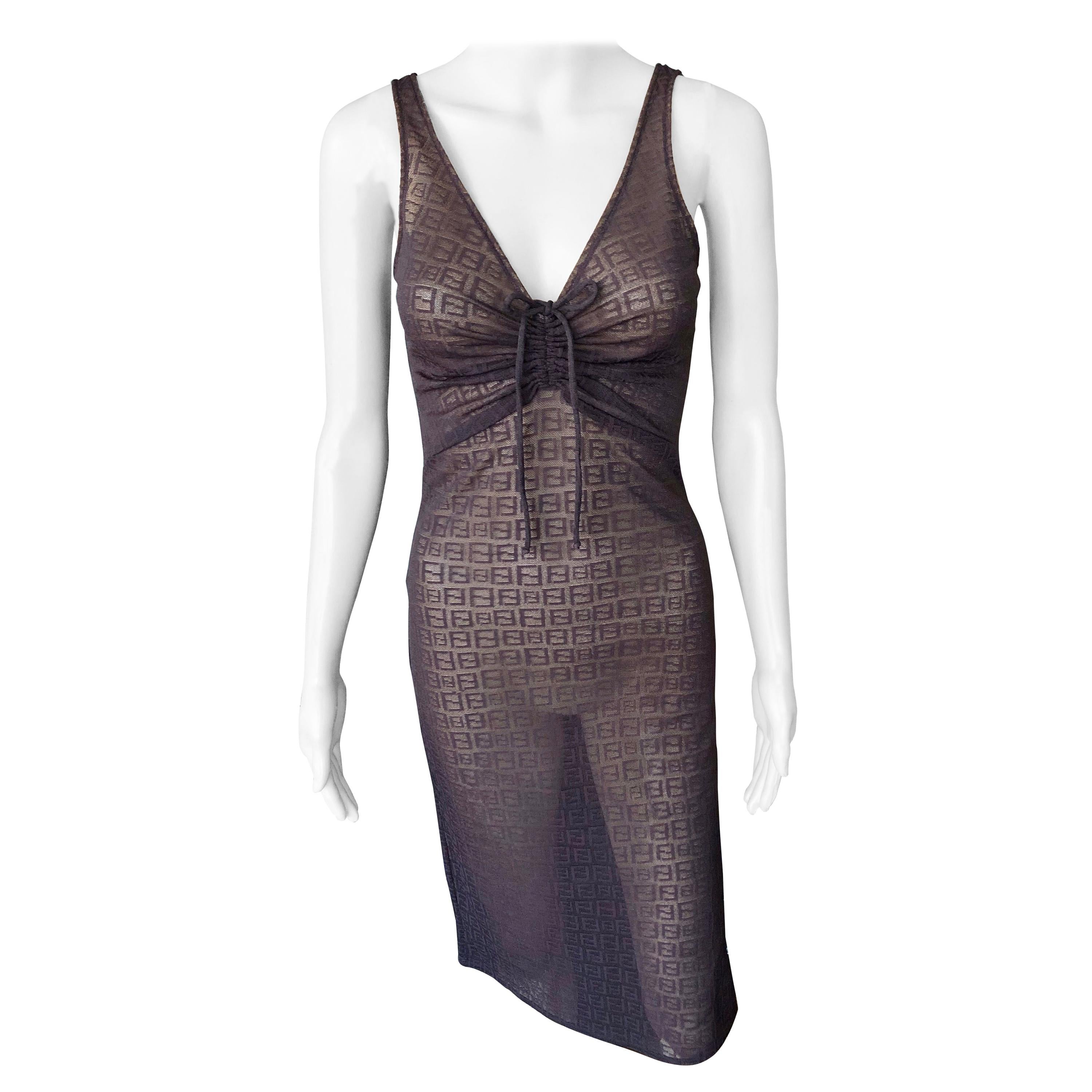 Fendi 1990's Vintage Zucca Monogram Sheer Mesh Knit Brown Dress For Sale