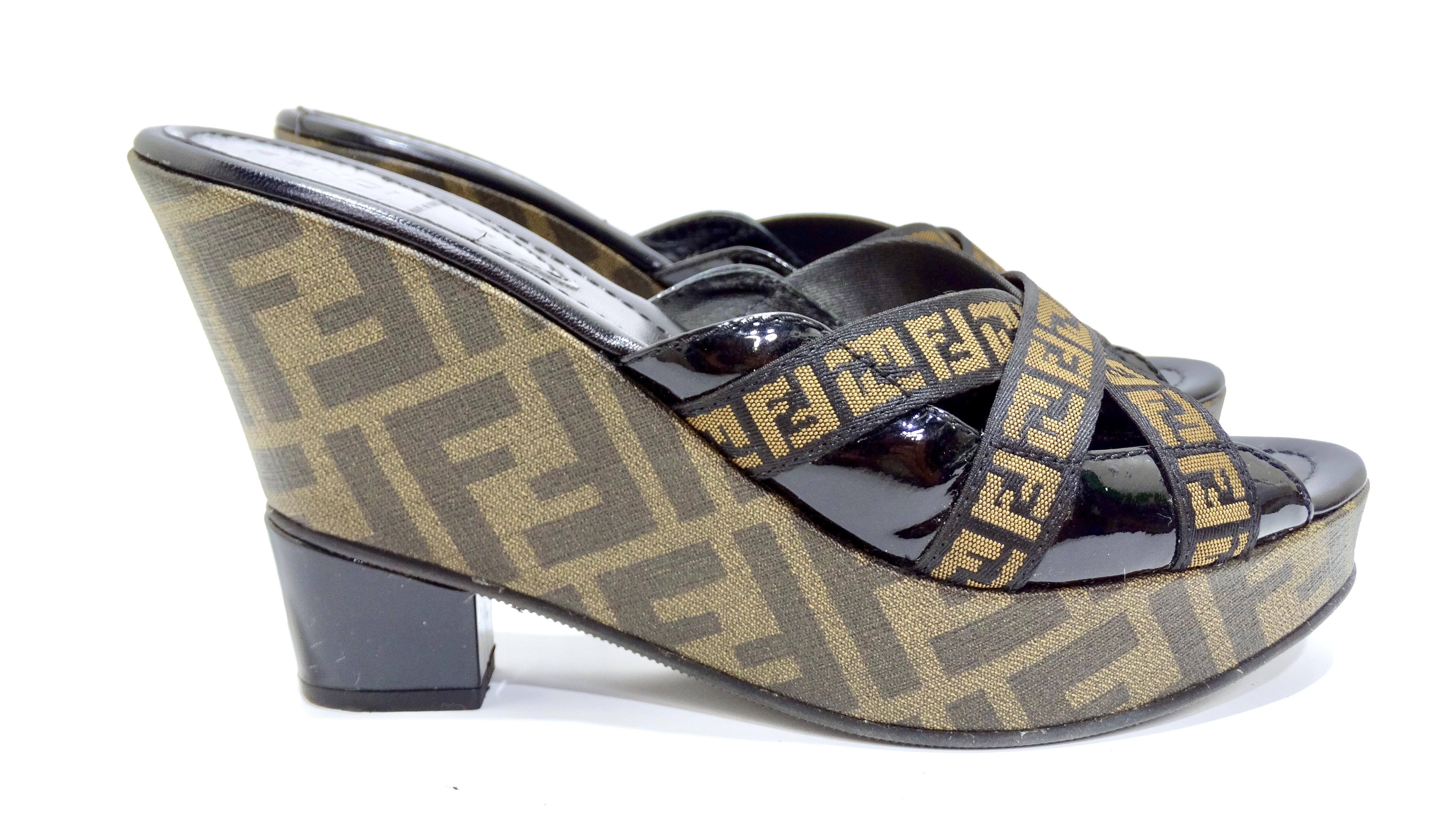 Fendi 1990's Zucca FF Logo Wedged Mules In Excellent Condition For Sale In Scottsdale, AZ