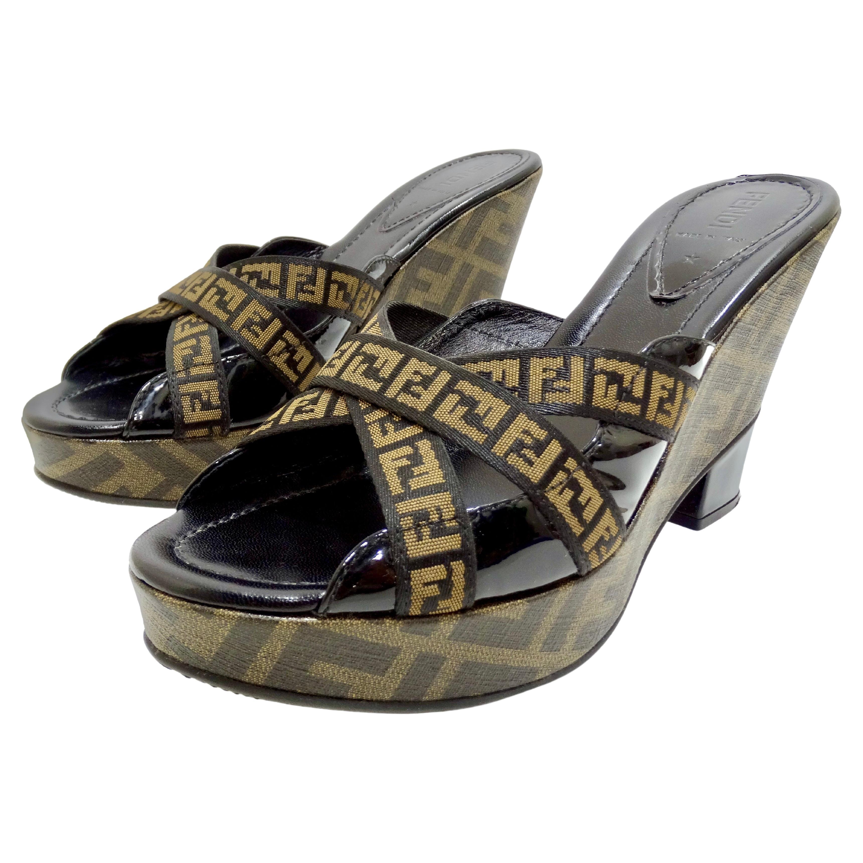 Fendi 1990's Zucca FF Logo Wedged Mules For Sale