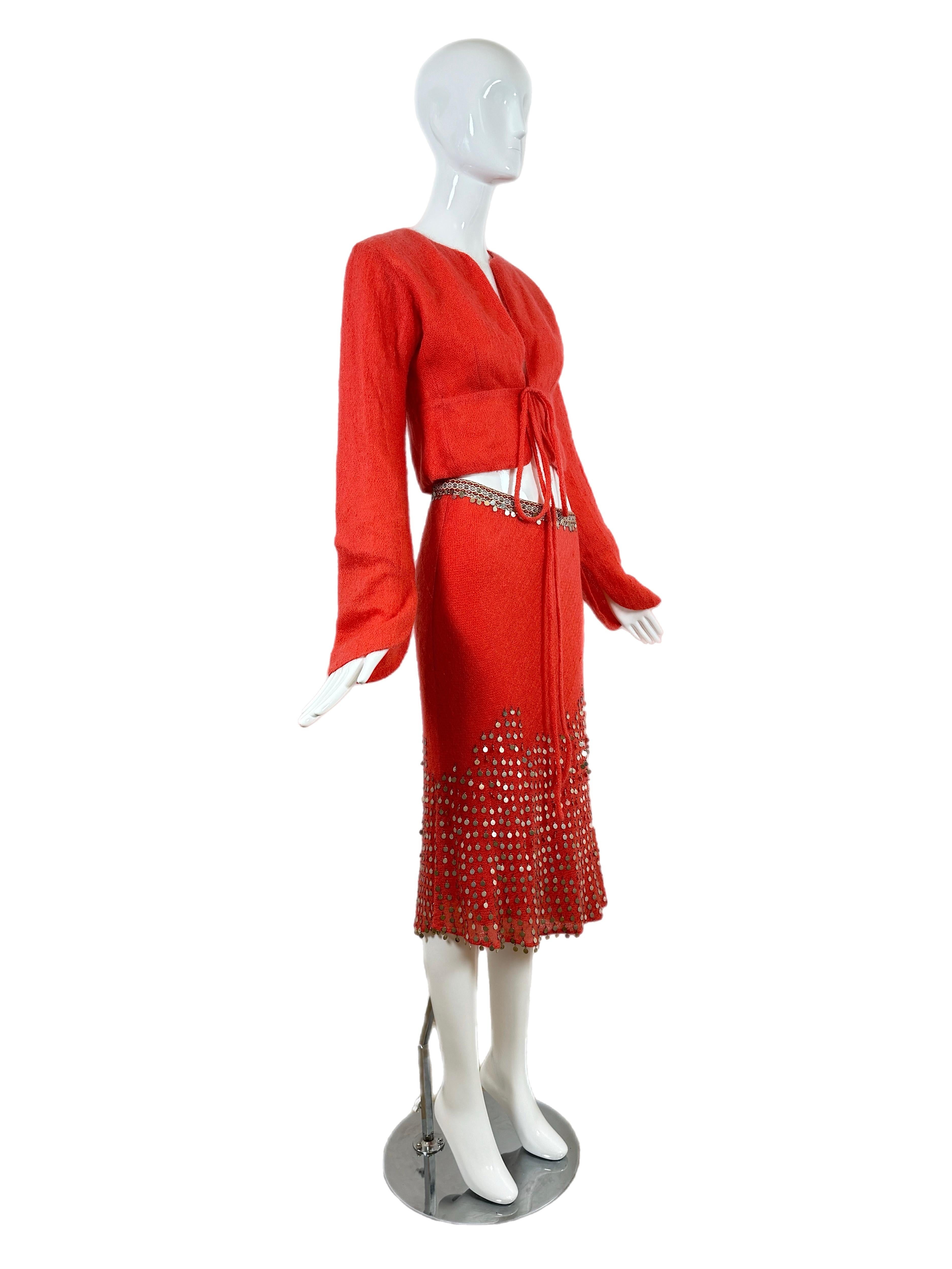 Beige FENDI 1999 Vintage Runway Ad Campaign Coral Embellished Skirt Set