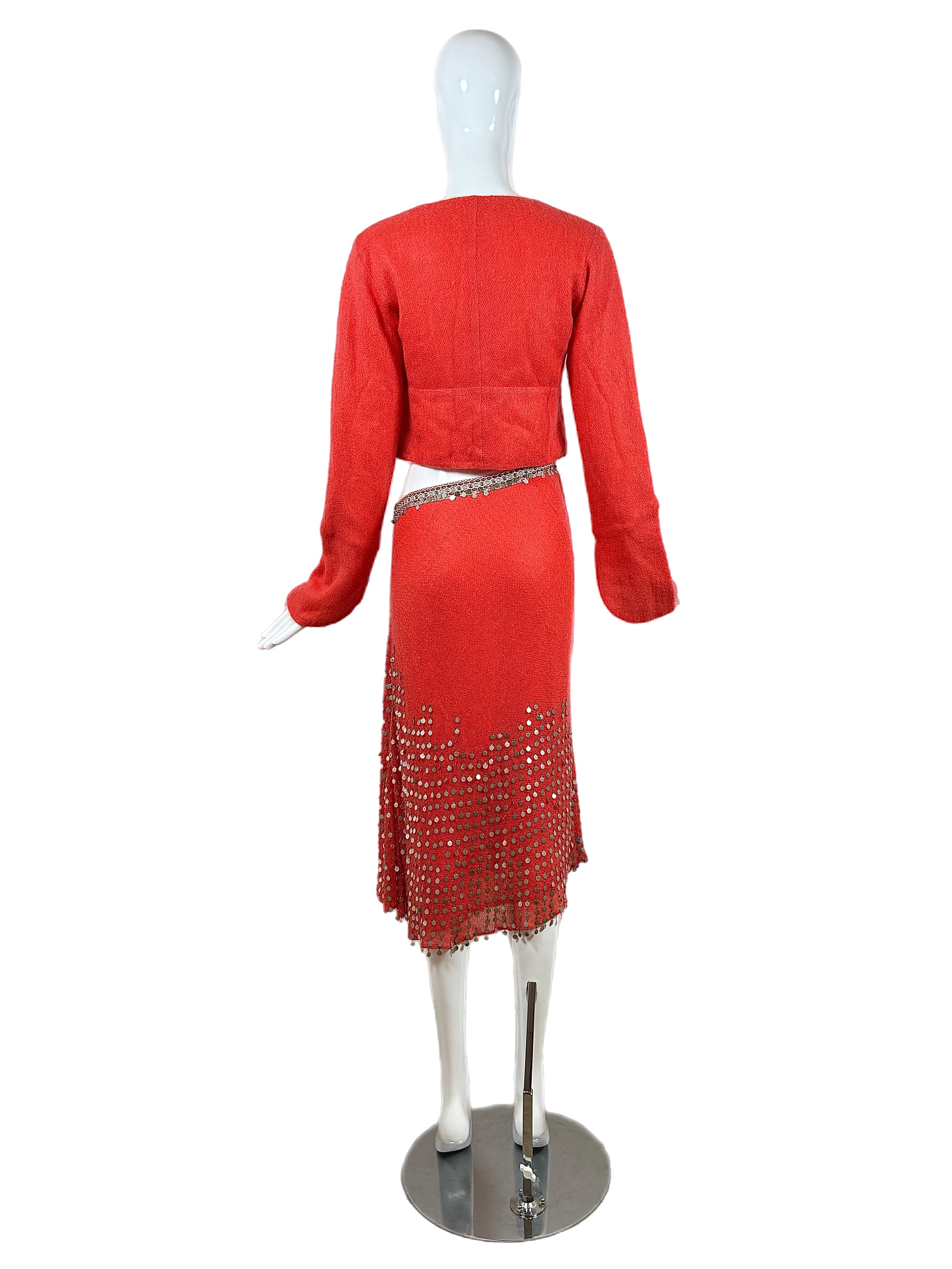 FENDI 1999 Vintage Runway Ad Campaign Coral Embellished Skirt Set In Excellent Condition In Leonardo, NJ