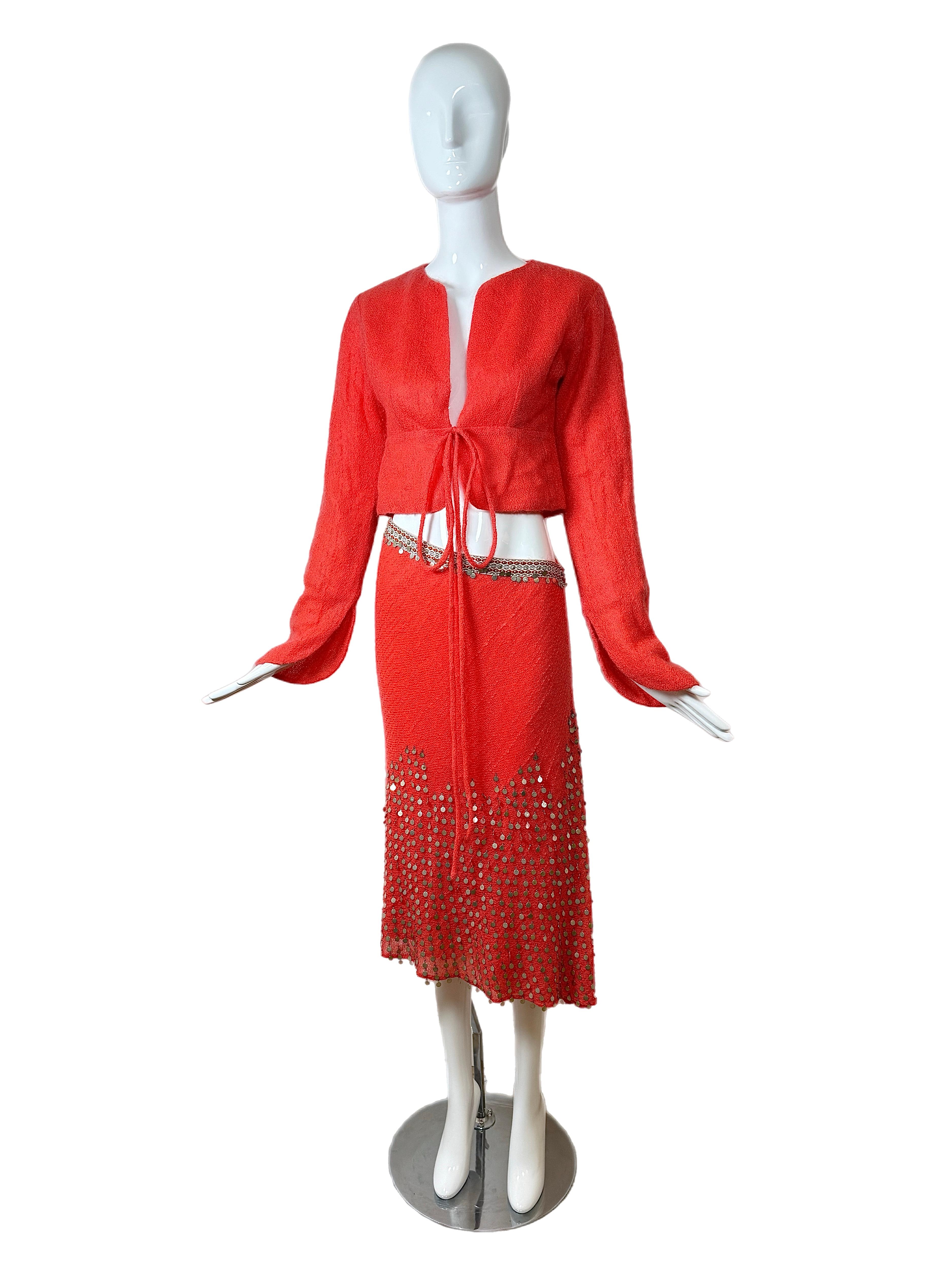 Women's FENDI 1999 Vintage Runway Ad Campaign Coral Embellished Skirt Set