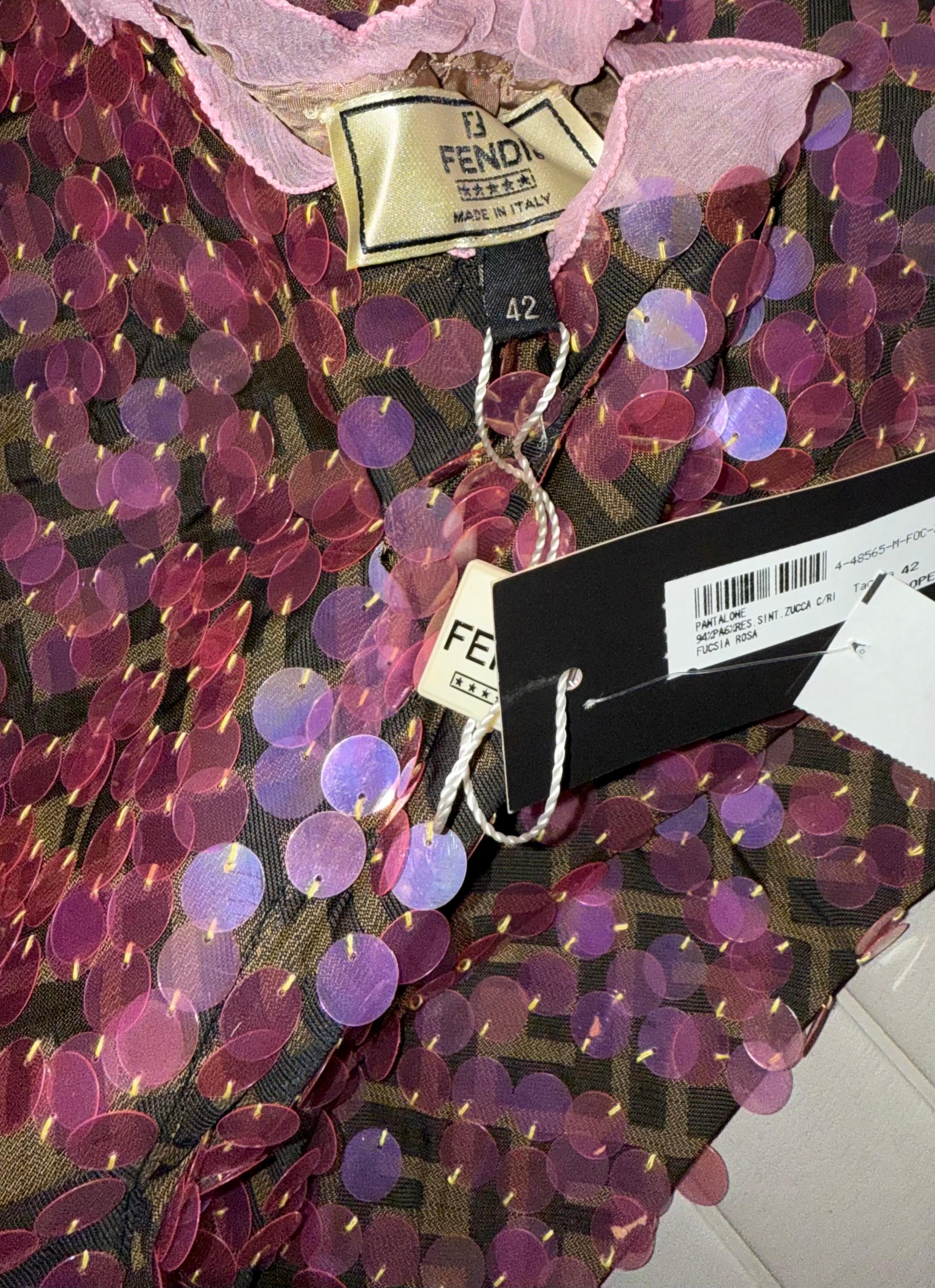 Fendi by Karl Lagerfeld
SS00
Vintage
Pink sequin and Silk ruffles with the brand's classic brown Zucca print as the background
These are clipped to my mannequin
Side Zipper
Size IT42 
(check my other listings for sizes IT40 and