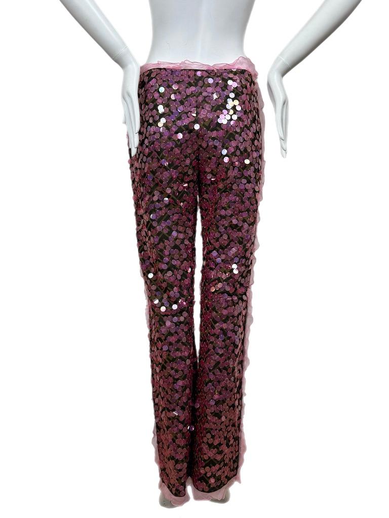Black FENDI 2000 IT42 Vintage Pink Sequin + Ruffle Pants For Sale