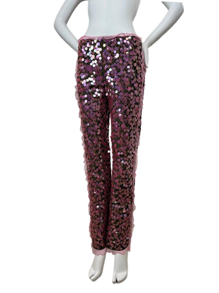 FENDI 2000 IT42 Vintage Pink Sequin + Ruffle Pants In New Condition For Sale In Leonardo, NJ