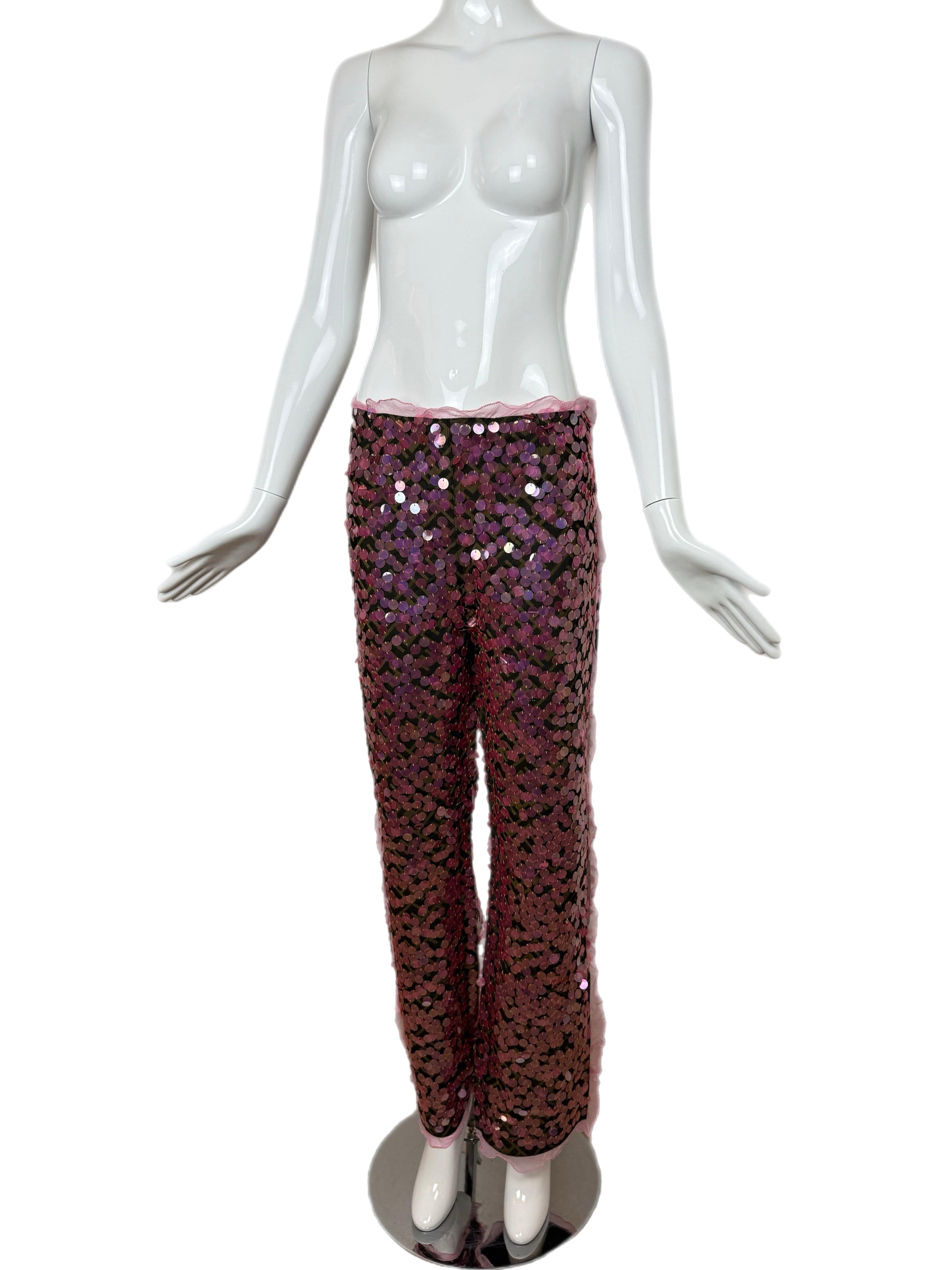 Grigio Fendi 2000 Pantaloni rosa vintage con paillettes e volant in vendita