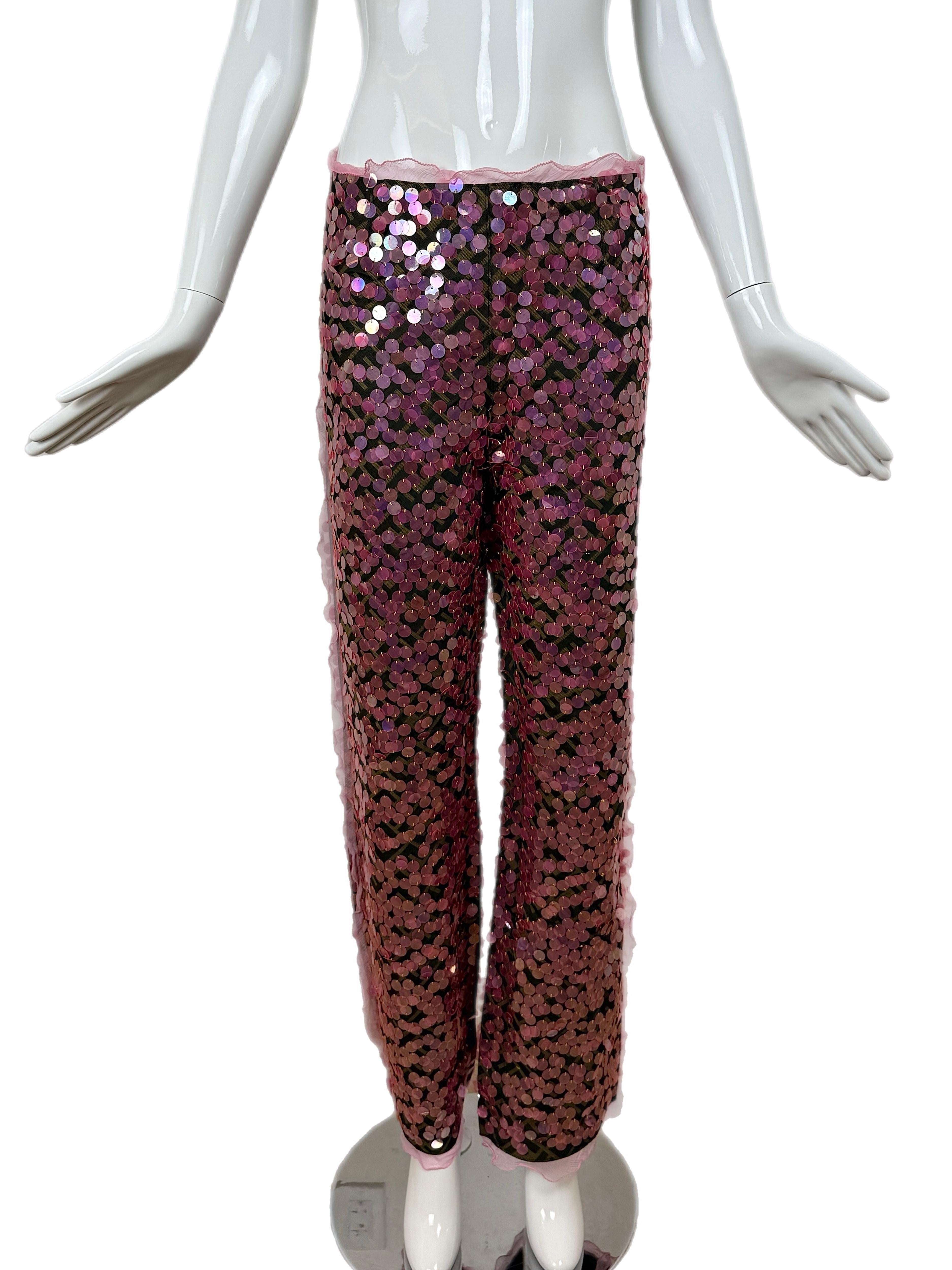 Donna Fendi 2000 Pantaloni rosa vintage con paillettes e volant in vendita