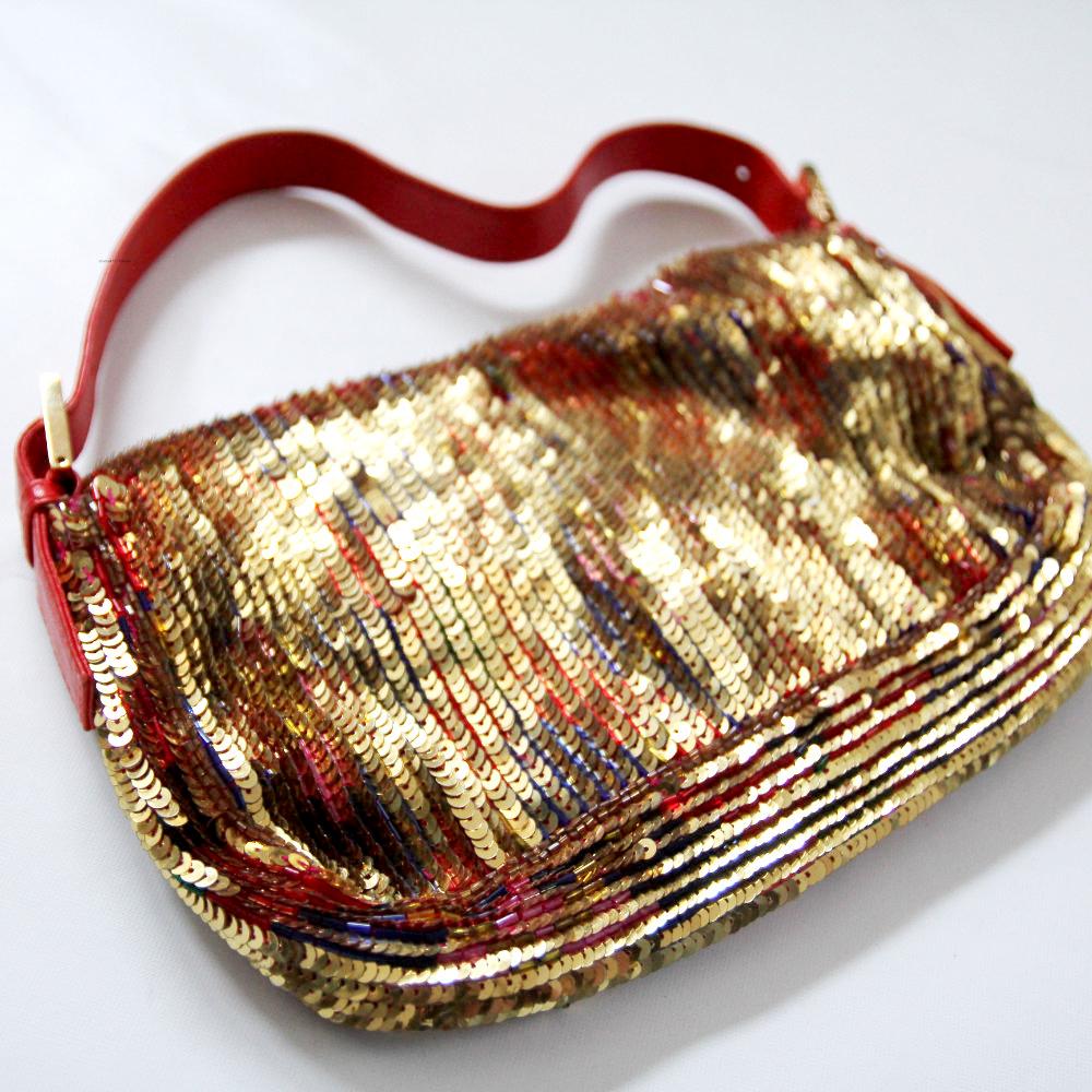 Brown FENDI 2000s Baguette Flap Bag Clutch With Gold Red Purple Reversible Sequin 