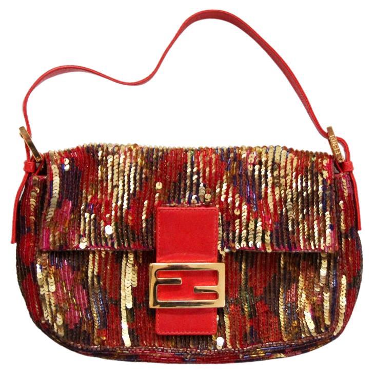 FENDI 2000s Baguette Flap Bag Clutch With Gold Red Purple Reversible Sequin 