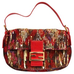 FENDI 2000s Baguette Flap Bag Clutch With Gold Red Purple Reversible Sequin 