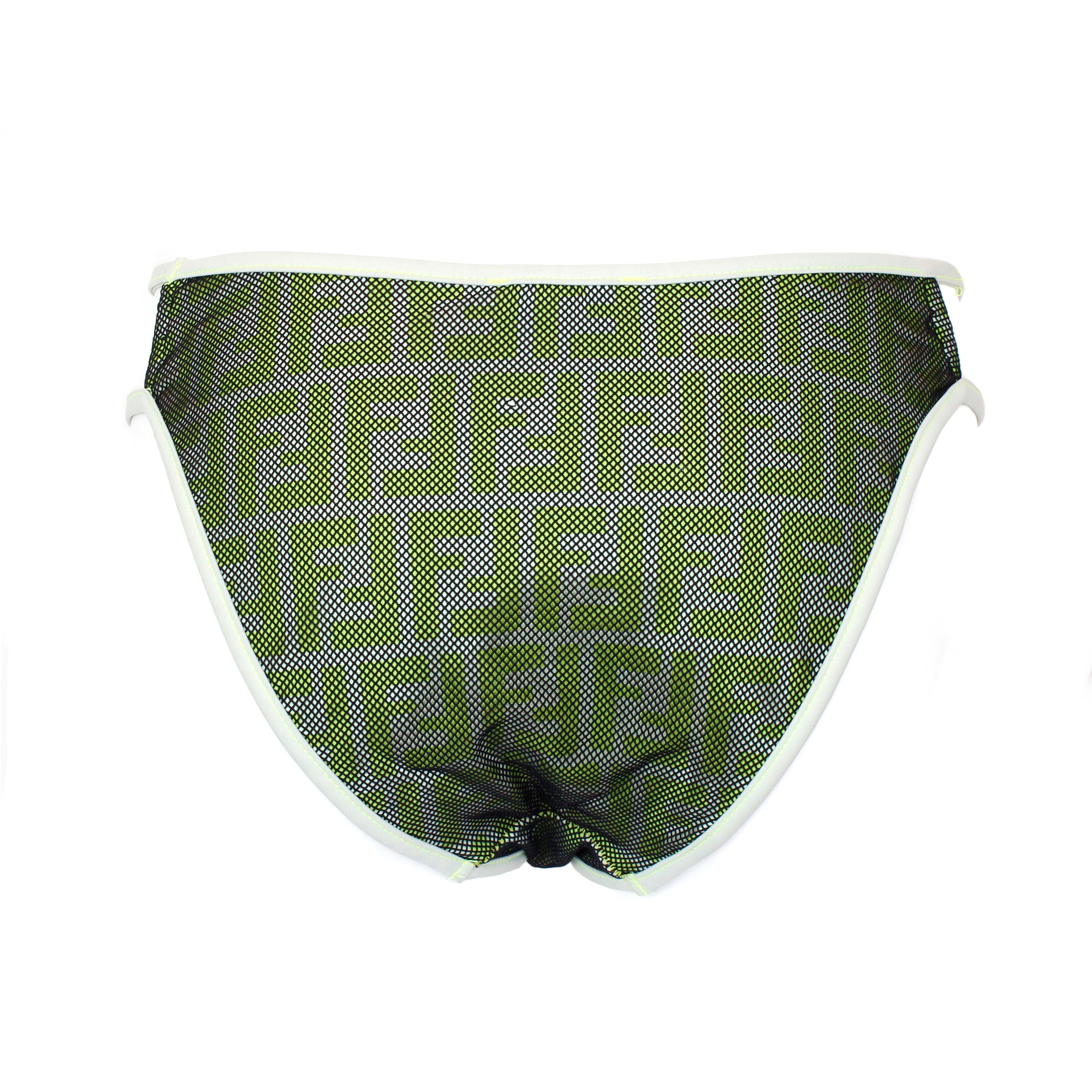 Fendi one-piece bikini bottom, green zucca print, with black mesh. Size 44 IT.

