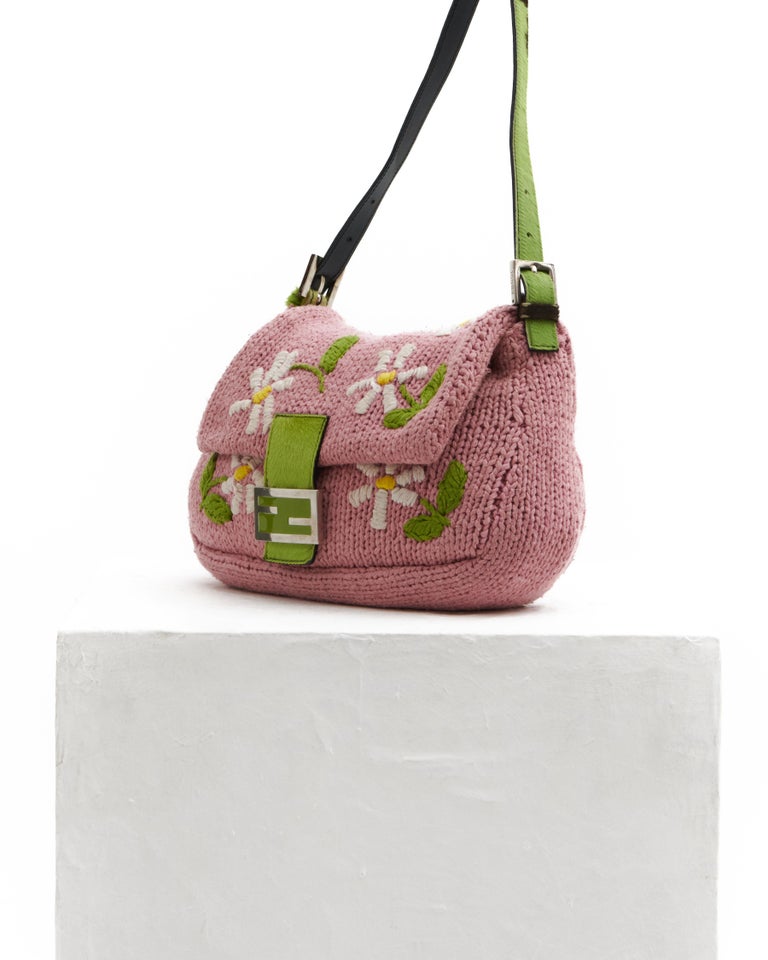 Fendi 2000s Pink knit floral embroidered mama baguette