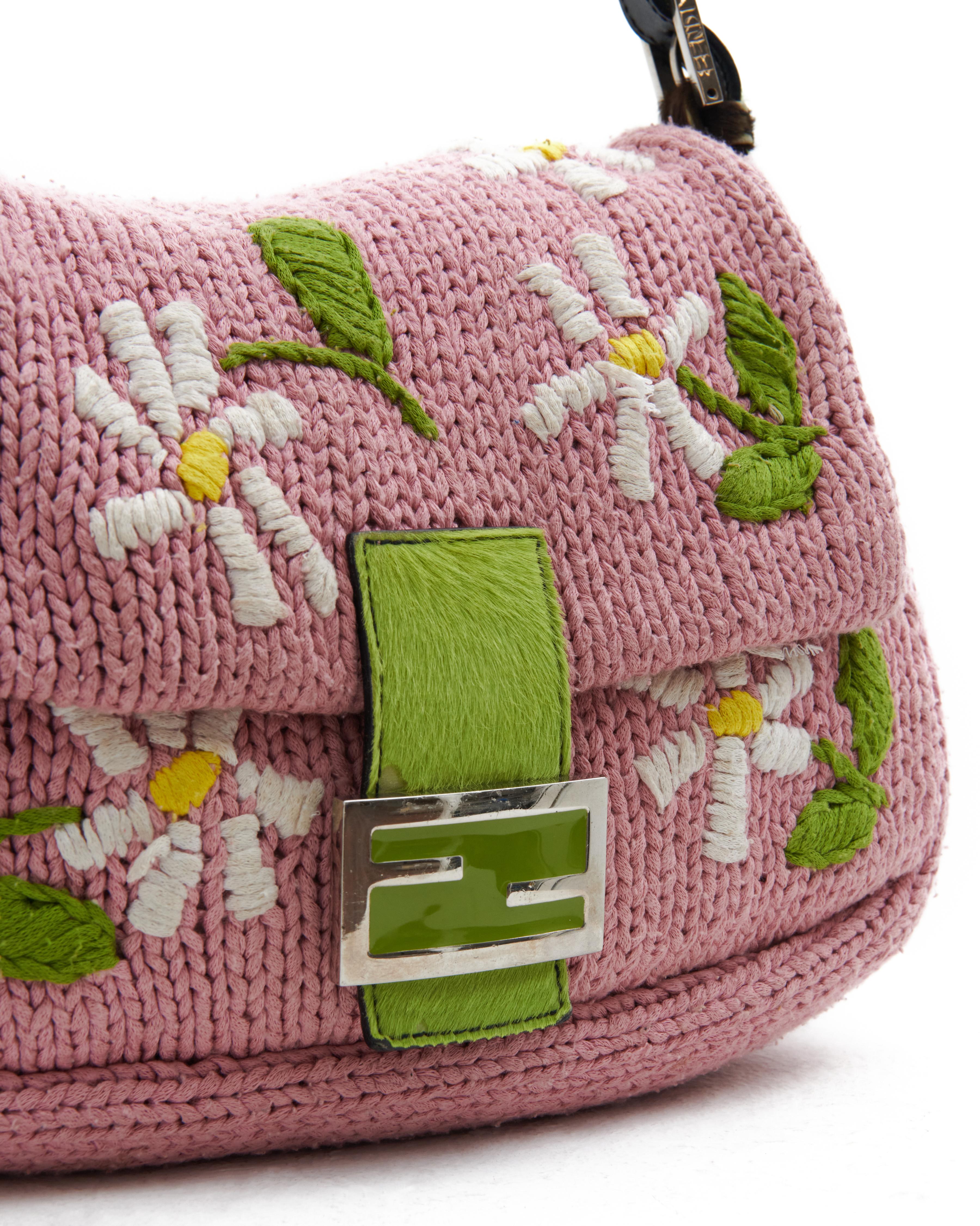 Fendi 2000s Pink knit floral embroidered mama baguette 1