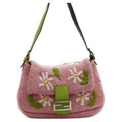 Fendi 2000s Pink knit floral embroidered mama baguette