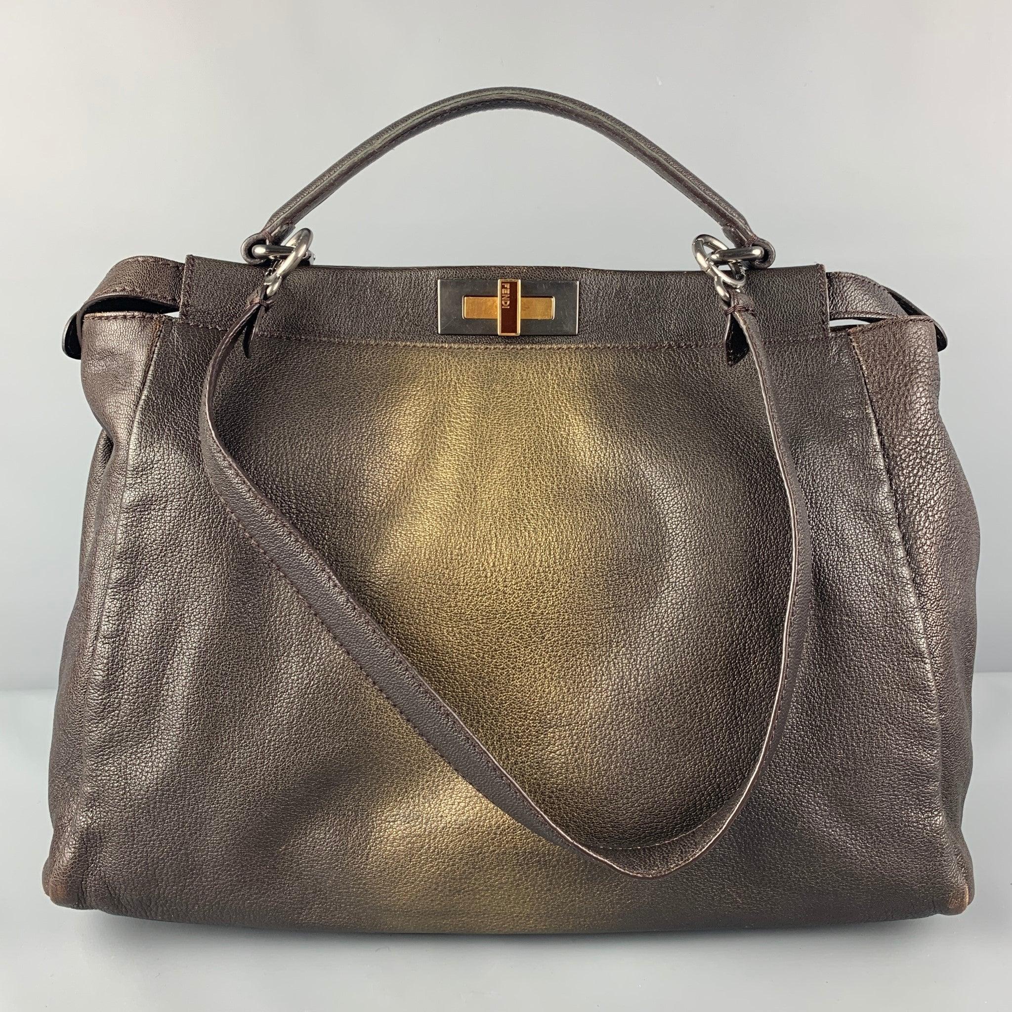 FENDI 2009 Brown Gold Ombre Leather Satchel Large Zucca Peekaboo Bag Pour femmes en vente