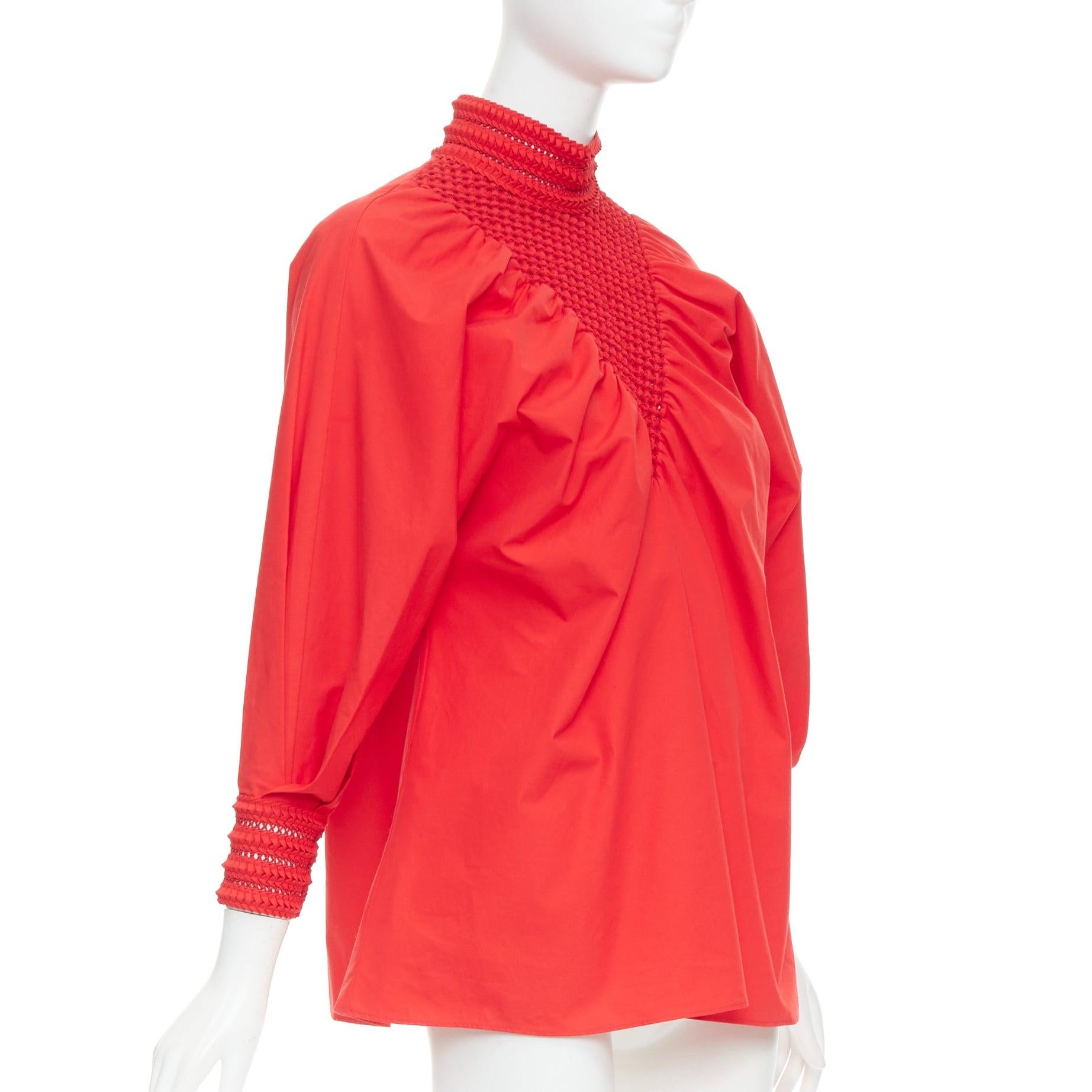 Red FENDI 2016 Runway cotton silk knot weave high collar peasant tunic top IT38 XS For Sale