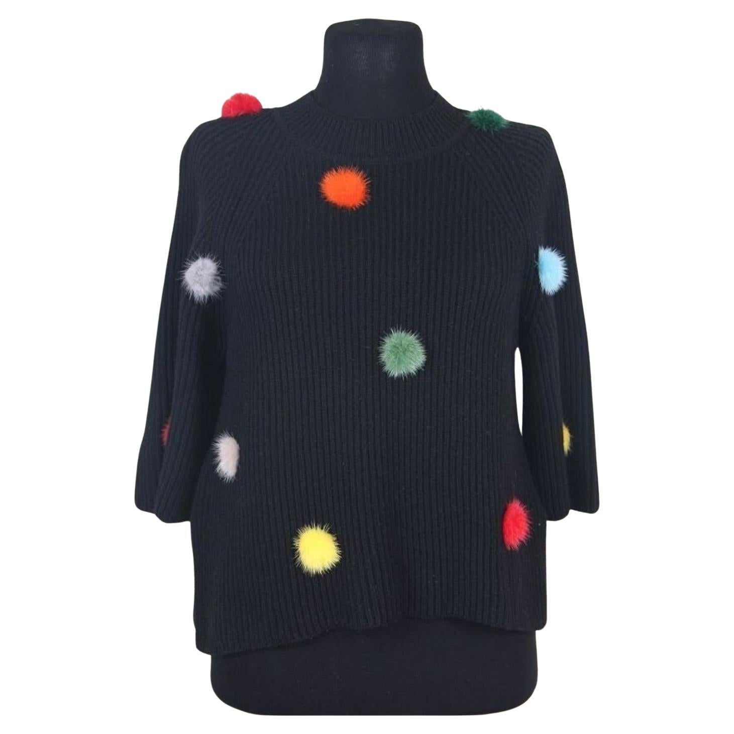  FENDI 2017  Fur-pompom High-neck Cashmere Sweater In Black For Sale
