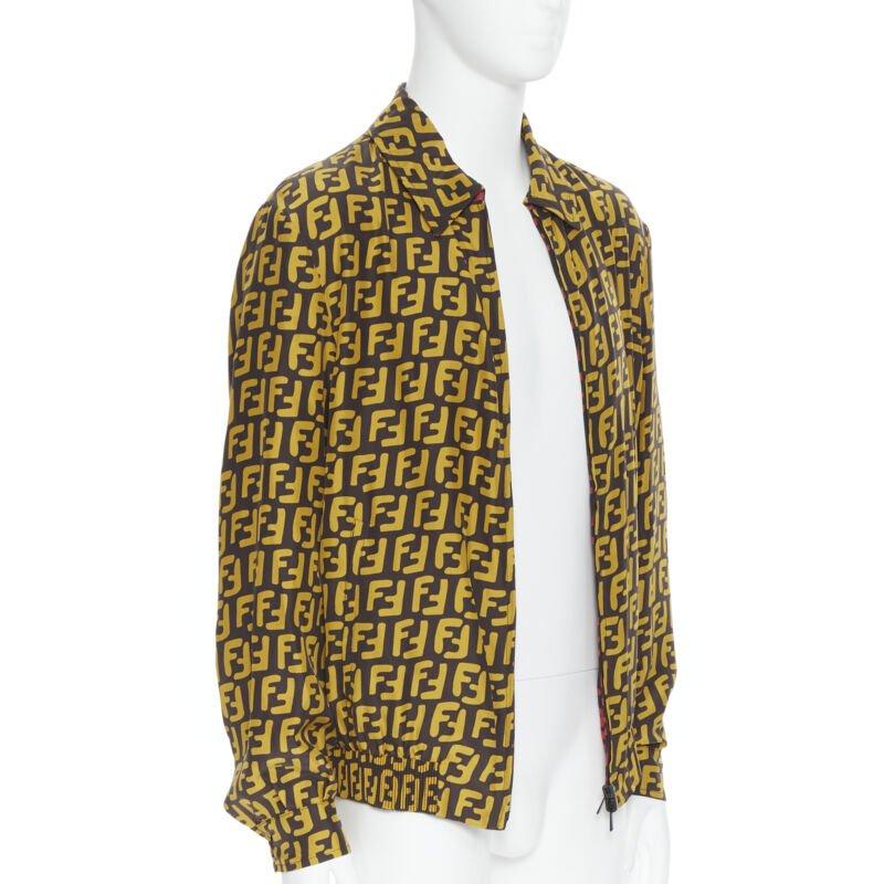 Brown FENDI 2019 Runway reversible 100% silk Zucca monogram yellow red jacket IT50