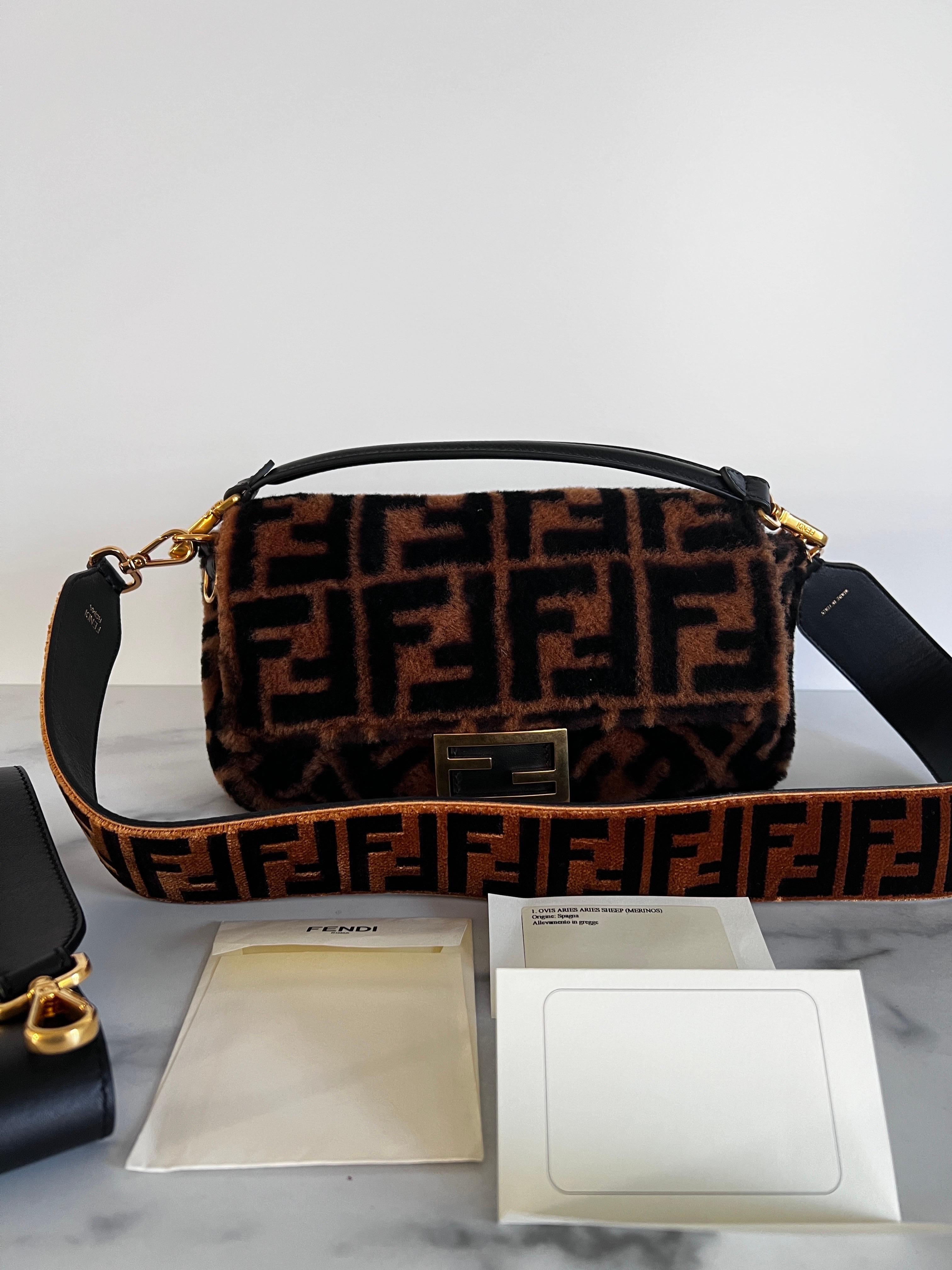 FENDI 2020 Brown Shearling Double F Baguette In Excellent Condition In Aurora, IL