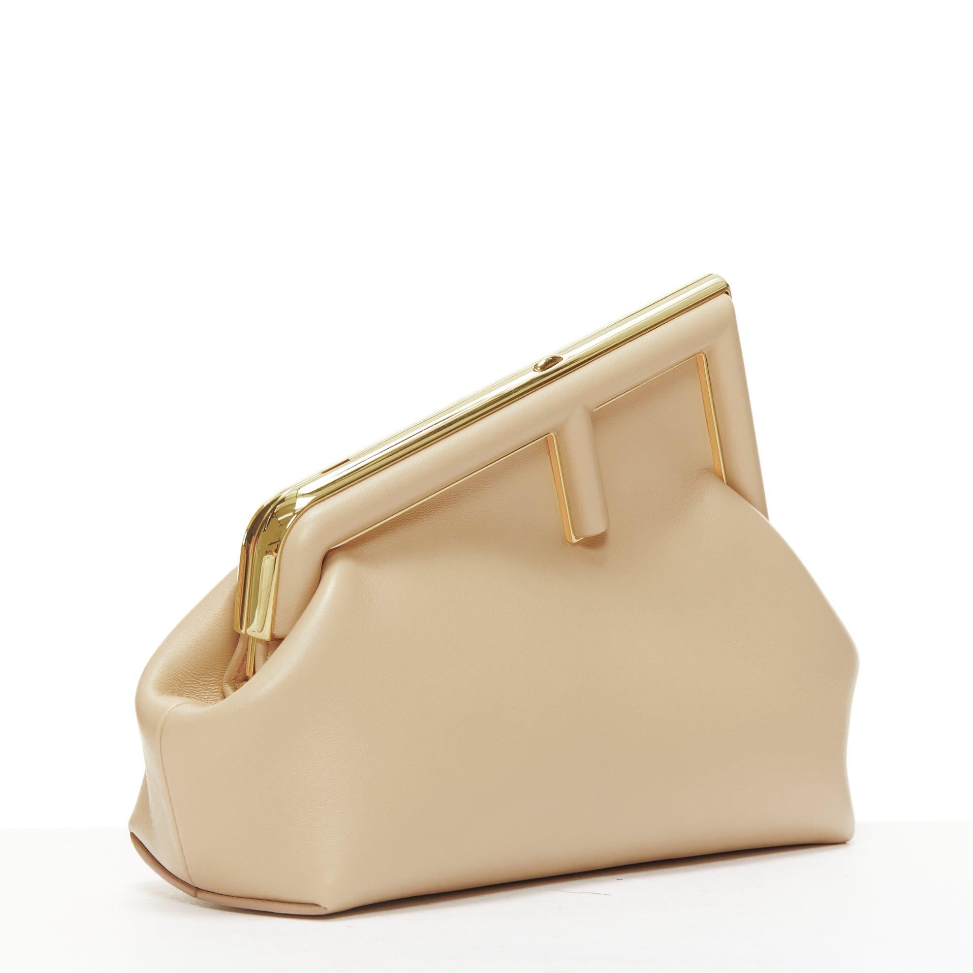 Beige FENDI 2021 First Small nude leather F logo frame crossbody clutch bag