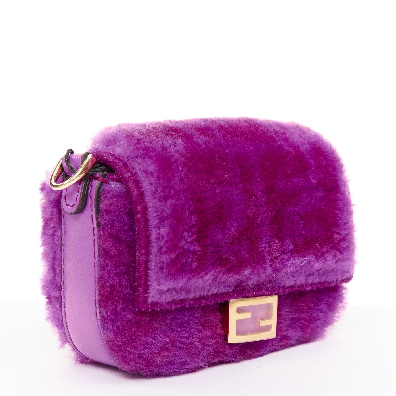 Purple FENDI 2021 Nano Baguette purple shearling FF buckle gold hardware charm bag For Sale