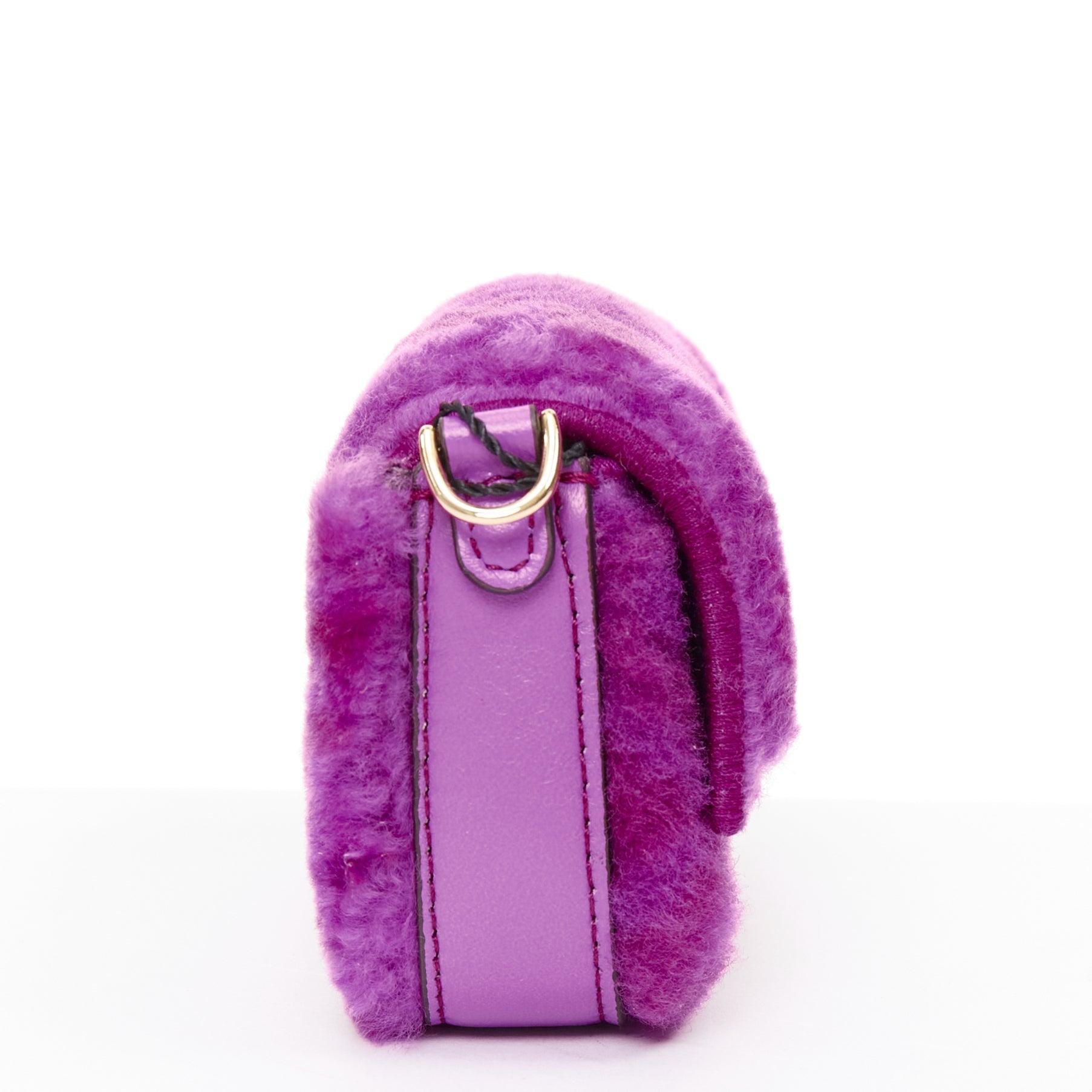FENDI 2021 Nano Baguette purple shearling FF buckle gold hardware charm bag In Excellent Condition For Sale In Hong Kong, NT