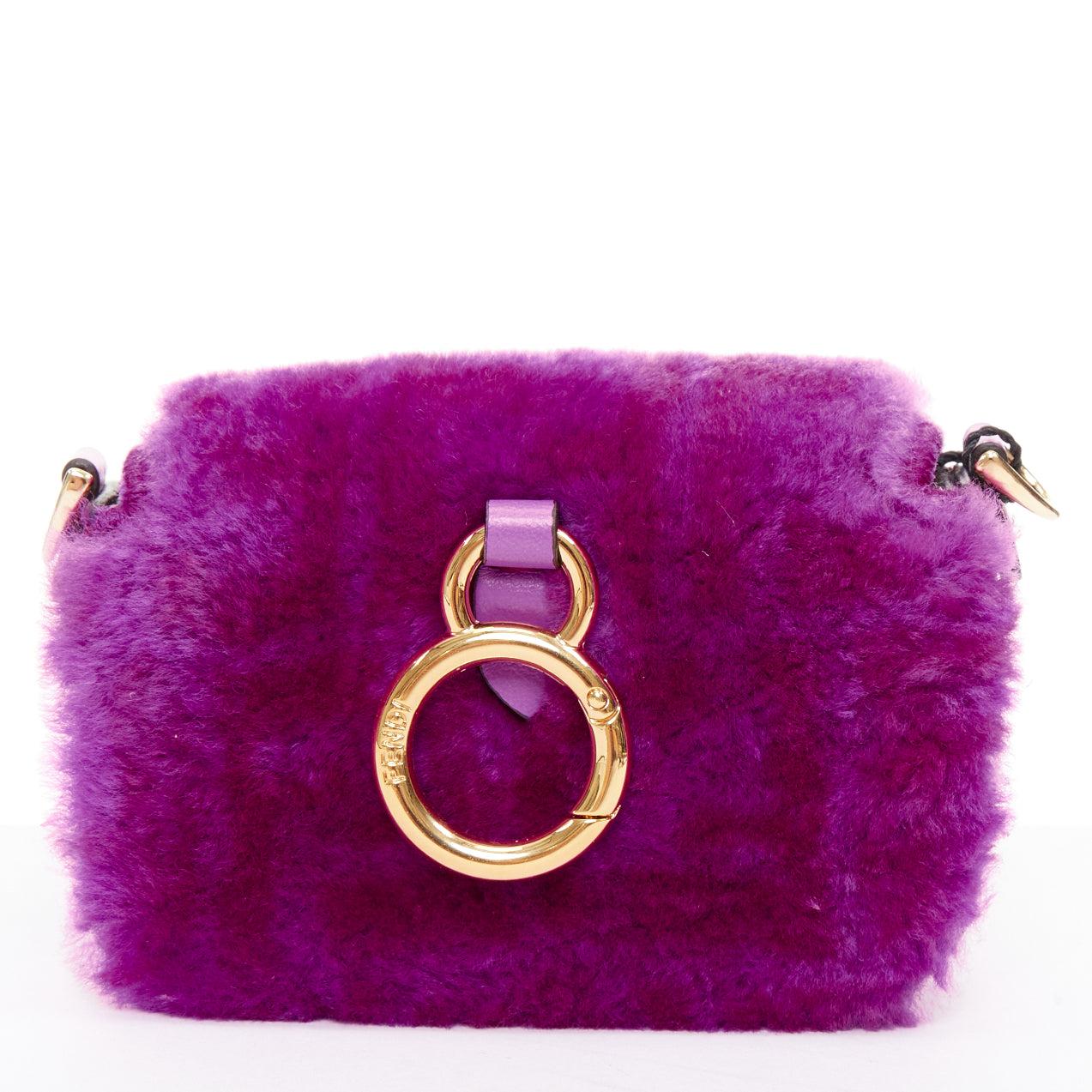 Women's FENDI 2021 Nano Baguette purple shearling FF buckle gold hardware charm bag For Sale