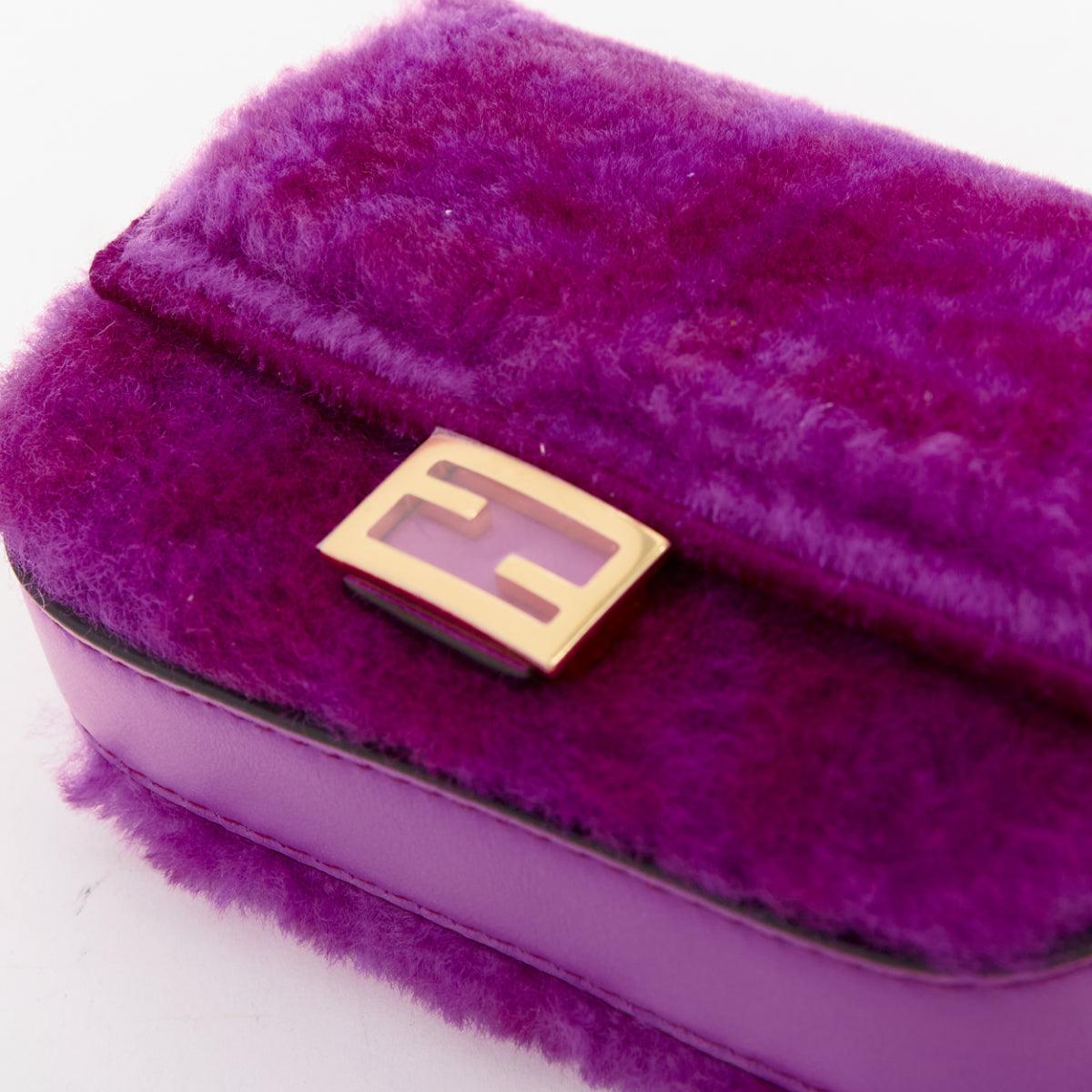 FENDI 2021 Nano Baguette purple shearling FF buckle gold hardware charm bag For Sale 2