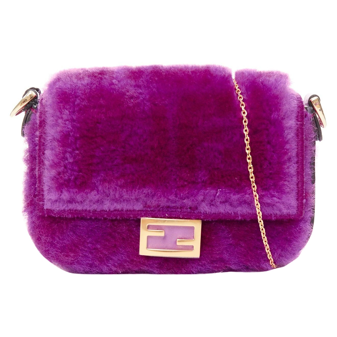 FENDI 2021 Nano Baguette purple shearling FF buckle gold hardware charm bag For Sale