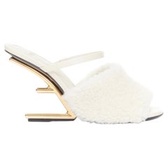 FENDI 2021 Runway First cream shearling gold F heel mule sandals EU35