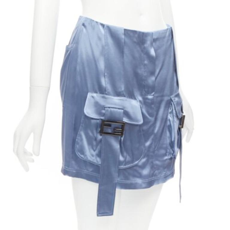 Bleu FENDI 2023 Runway Sacuette bleu satin FF à boucle de poche cargo IT38 XS en vente