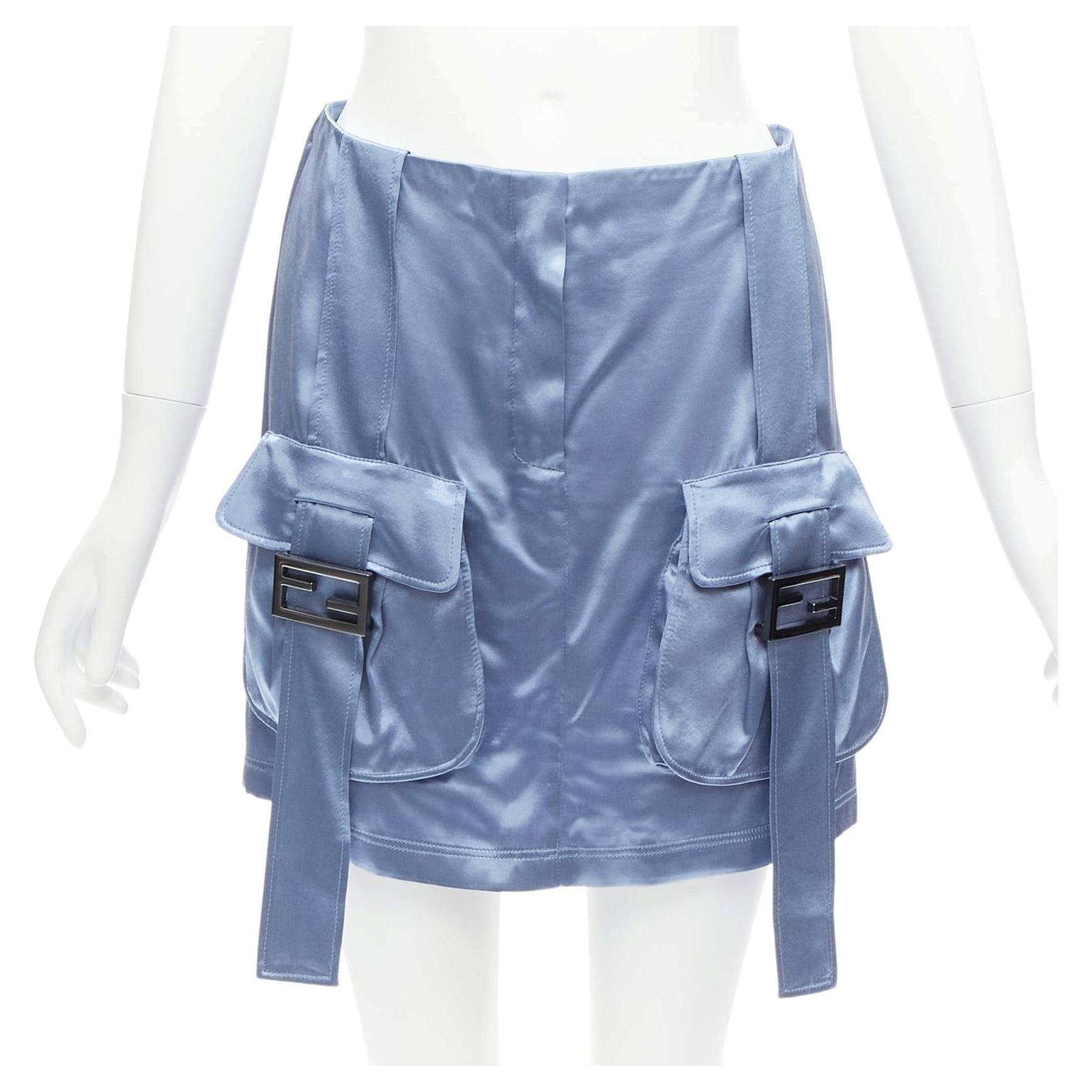 FENDI 2023 Runway Baguette blue satin FF buckle cargo pocket skirt IT38 XS For Sale
