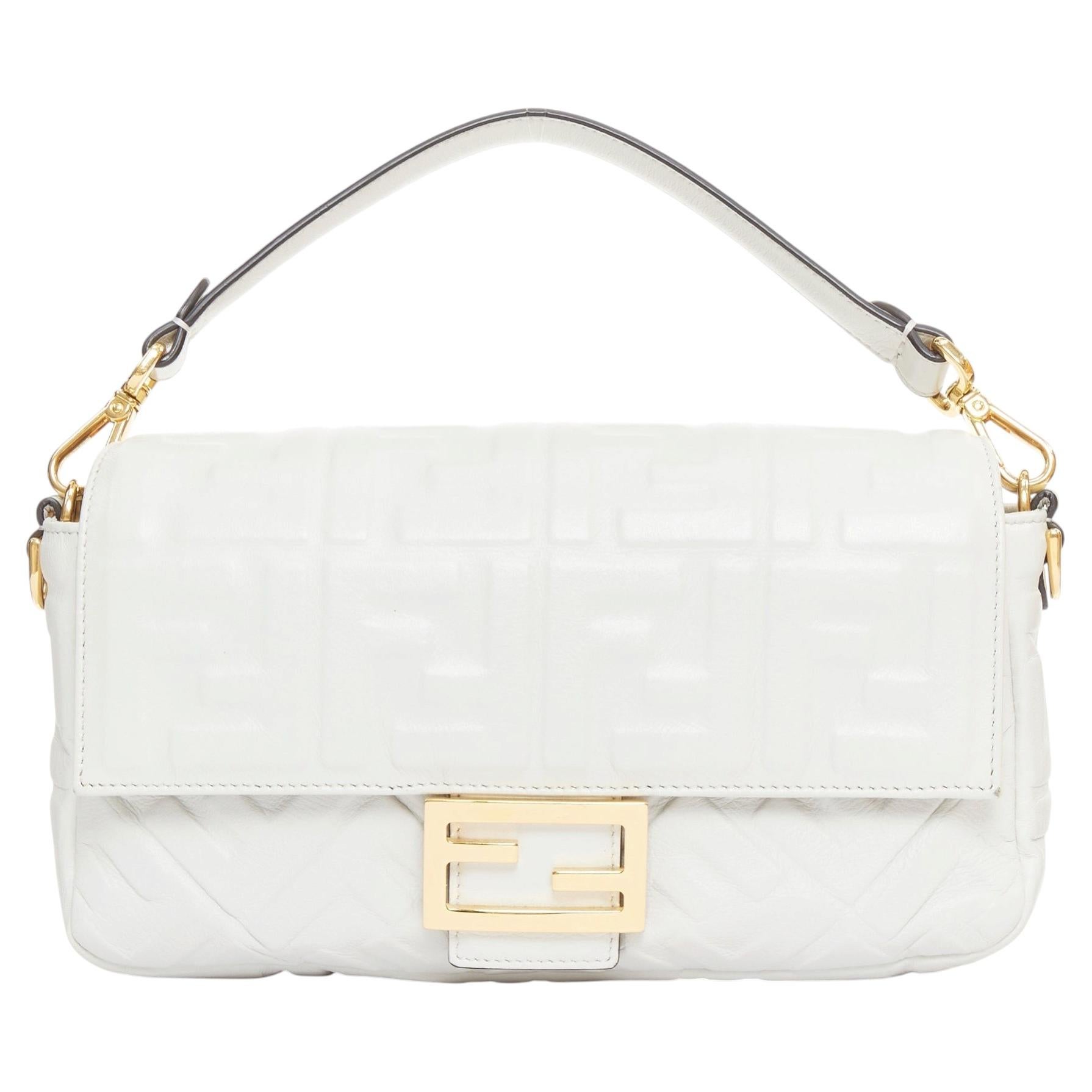 FENDI 2023 Runway Medium Baguette FF embossed white nappa leather bag
