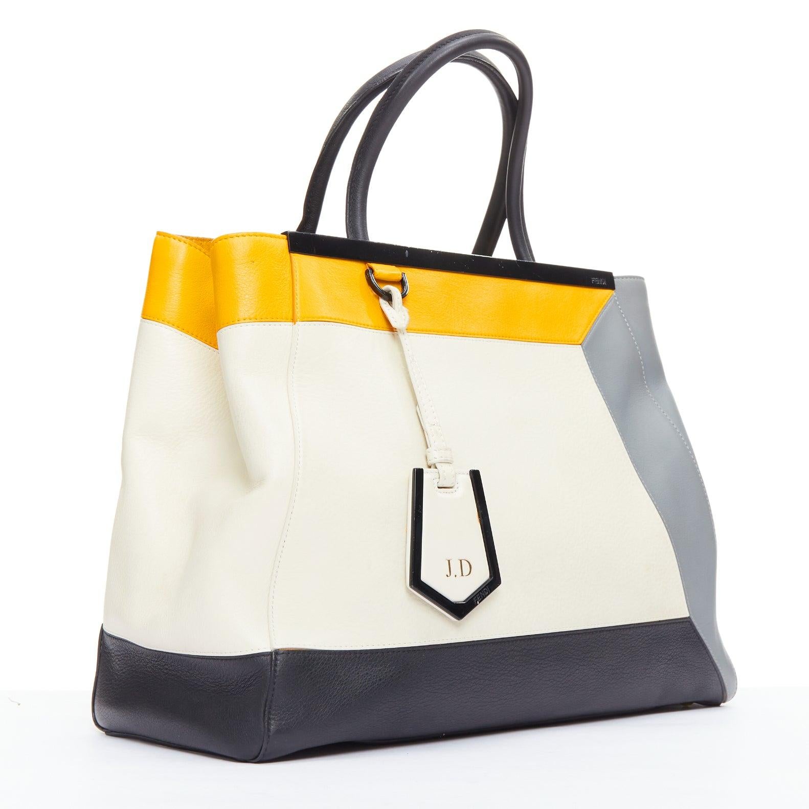 Beige FENDI 2Jours yellow grey black leather tricolor colorblock tote bag