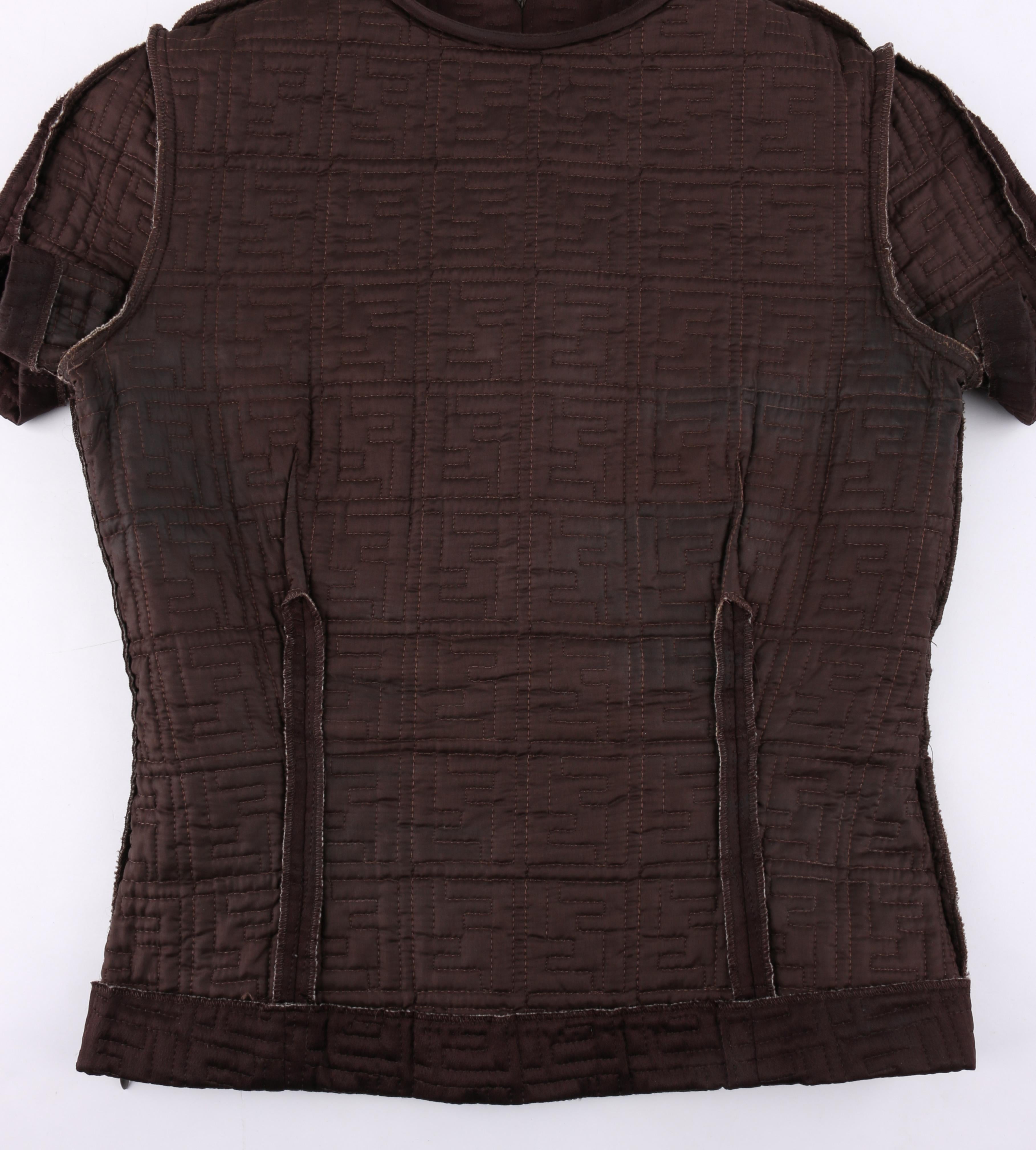 FENDI 365 c.1990's Brown Zucca FF Monogram Quilted Silk Short Sleeve Top  2