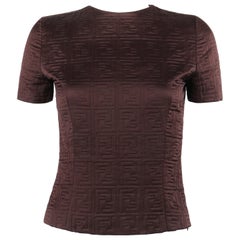 FENDI 365 c.1990's Brown Zucca FF Monogram Quilted Silk Short Sleeve Top