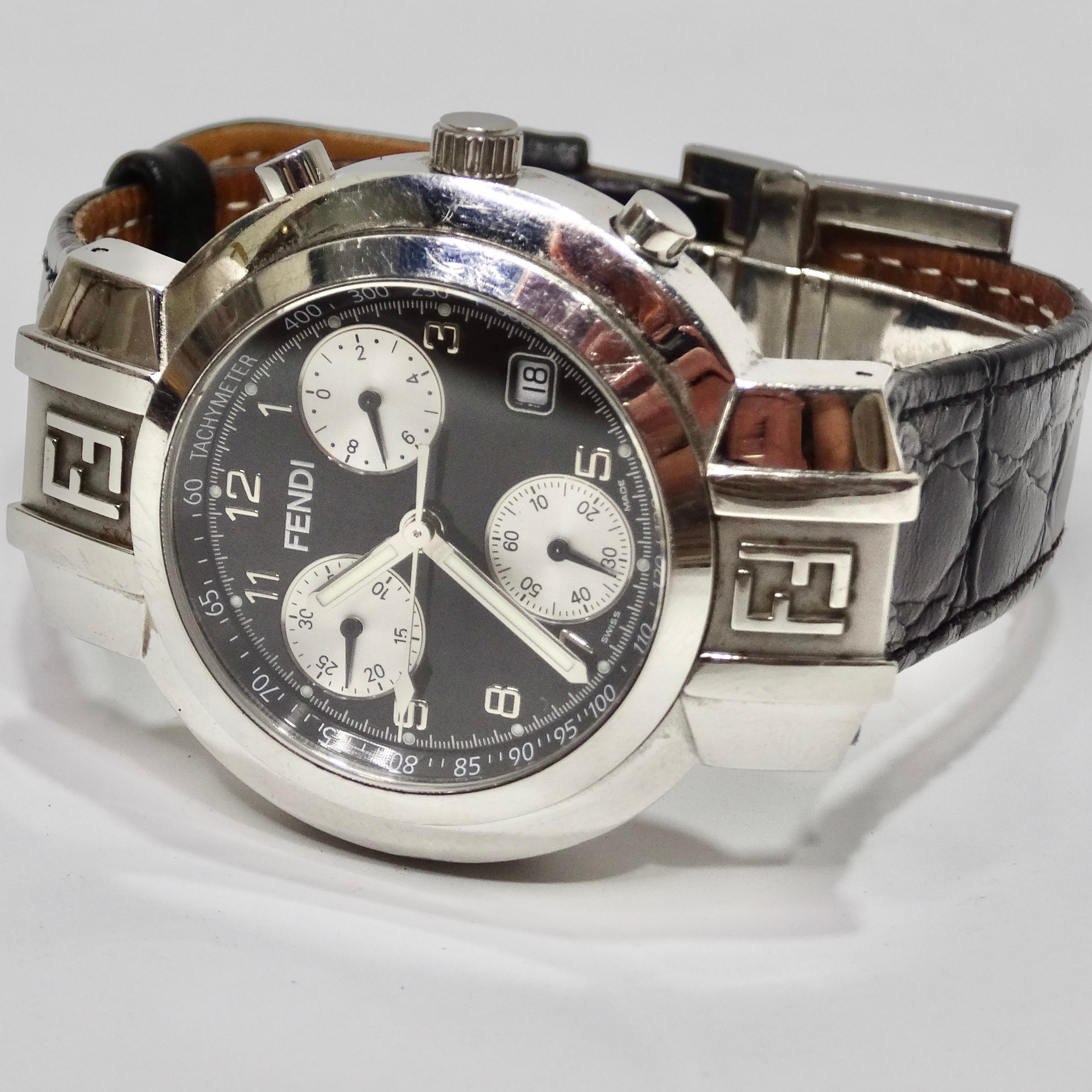 Fendi Montre chronographe à cadran pour hommes 4500G en acier inoxydable et quartz noir en vente 8