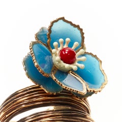 FENDI 8AG827 gold tone blue floral petal spiral statement ring US7 M