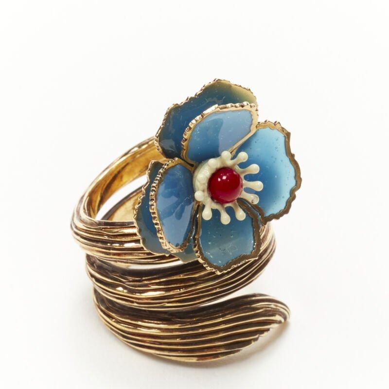 FENDI 8AG827 gold tone blue floral petal spiral statement ring US7 M In Excellent Condition In Hong Kong, NT