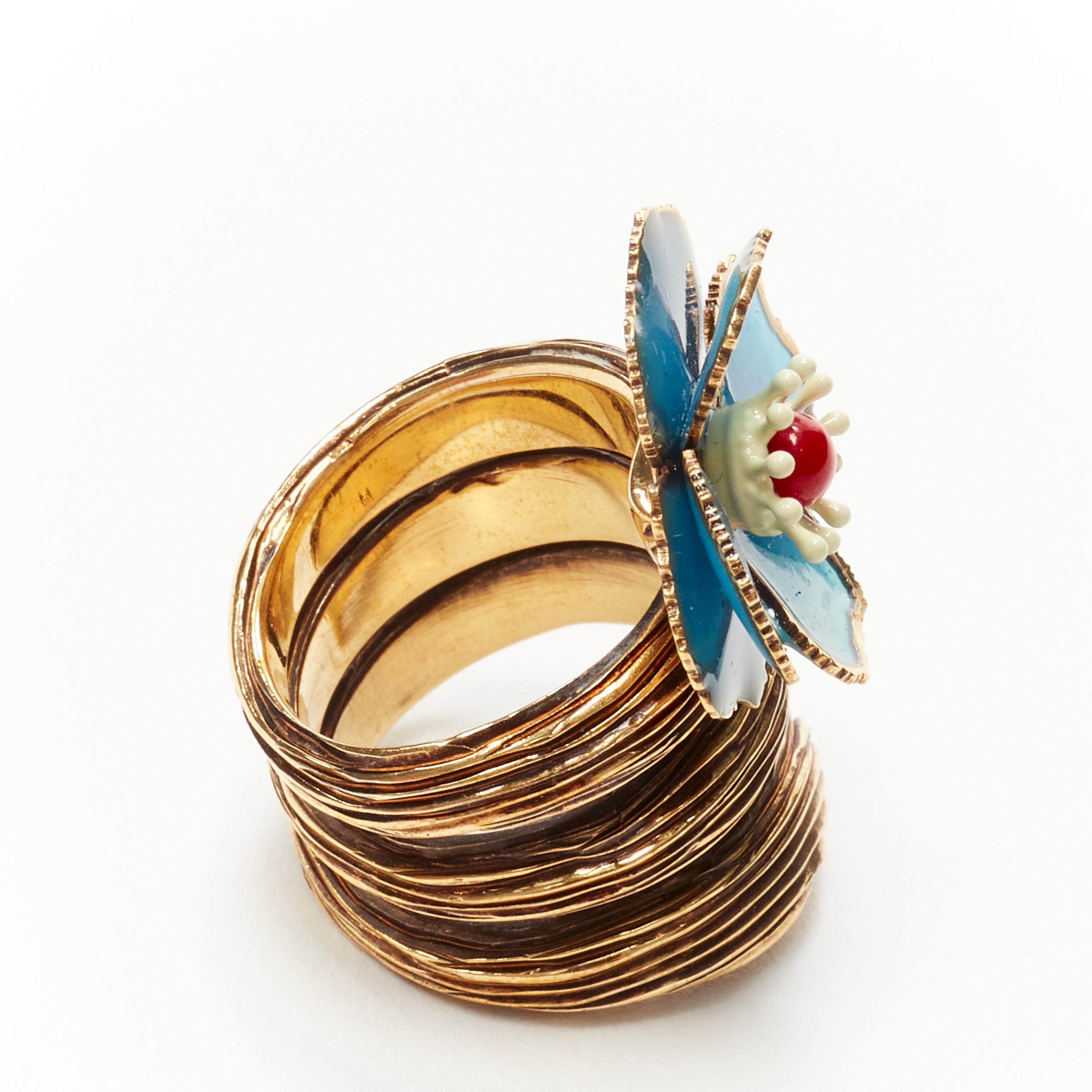 FENDI 8AG827 gold tone blue floral petal spiral statement ring US7 M In Excellent Condition For Sale In Hong Kong, NT