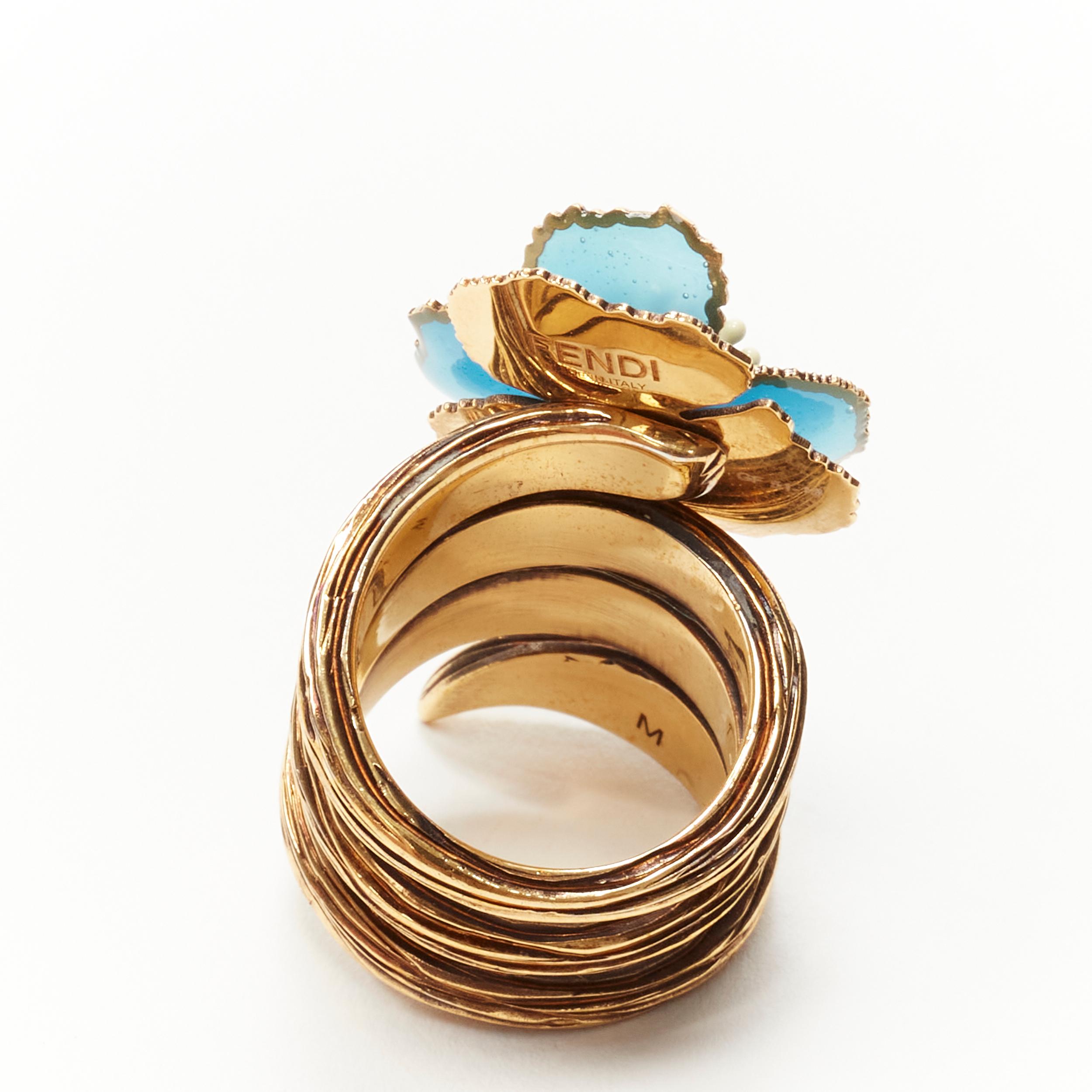 Women's FENDI 8AG827 gold tone blue floral petal spiral statement ring US7 M For Sale