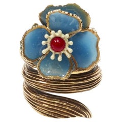 FENDI 8AG827 gold tone blue floral petal spiral statement ring US7 M