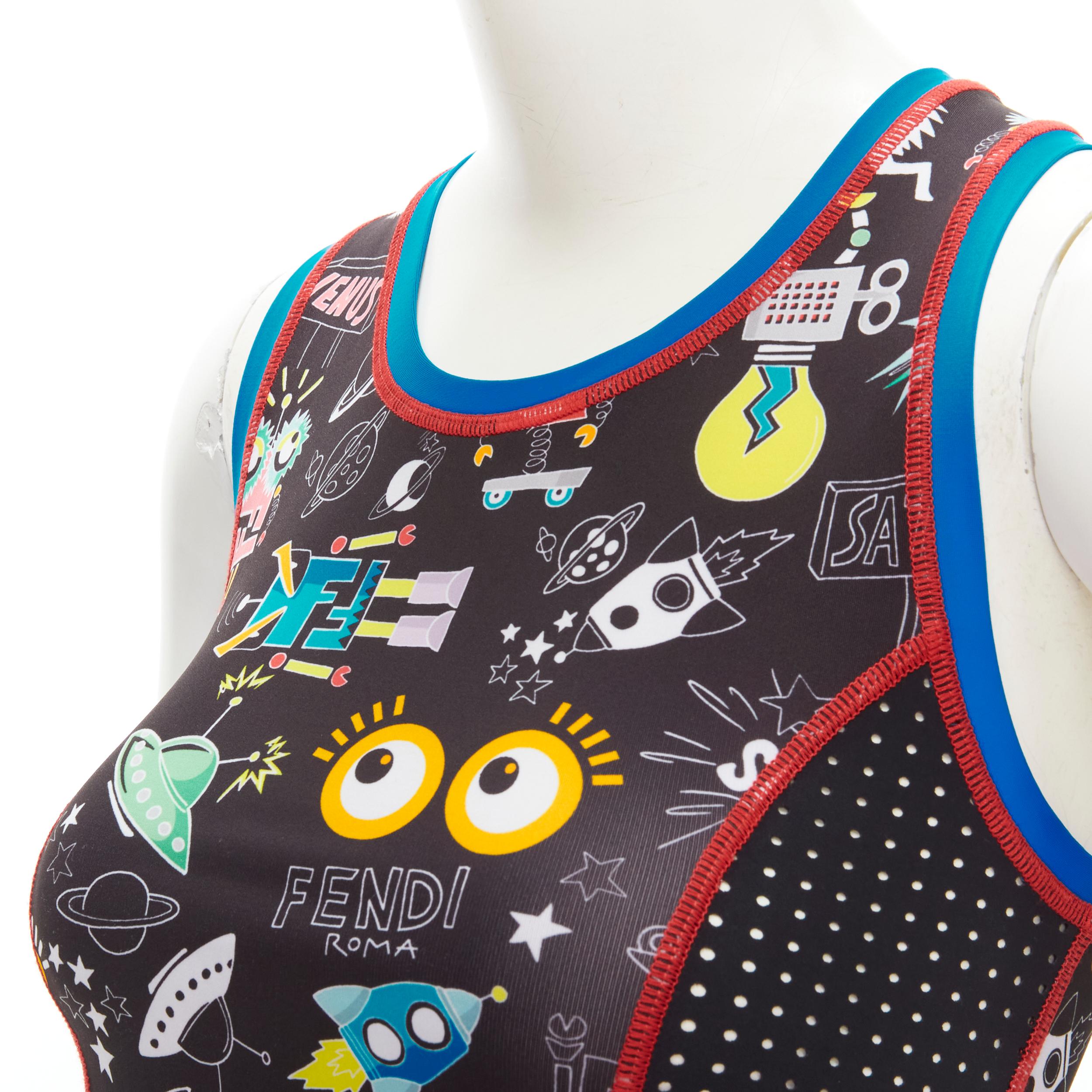 FENDI Activewear black FF robot Monster Eye tank top XS
Brand: Fendi
Material: Feels like polyester
Color: Black
Pattern: Multi
Extra Detail: Perforated side and back panels. Red overlocking stitches. Pocket on side with logo elastic